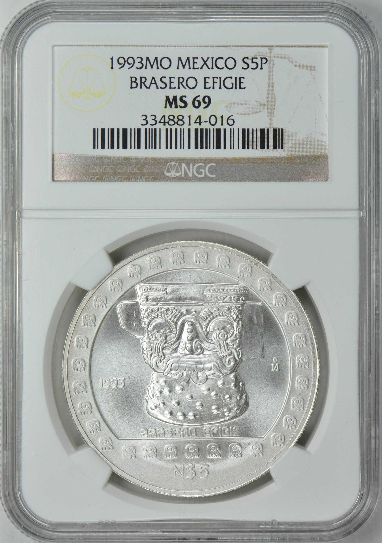 Mexico 1993-Mo Silver 5 Pesos Brasero Efigie NGC MS-69 | NGC Cert