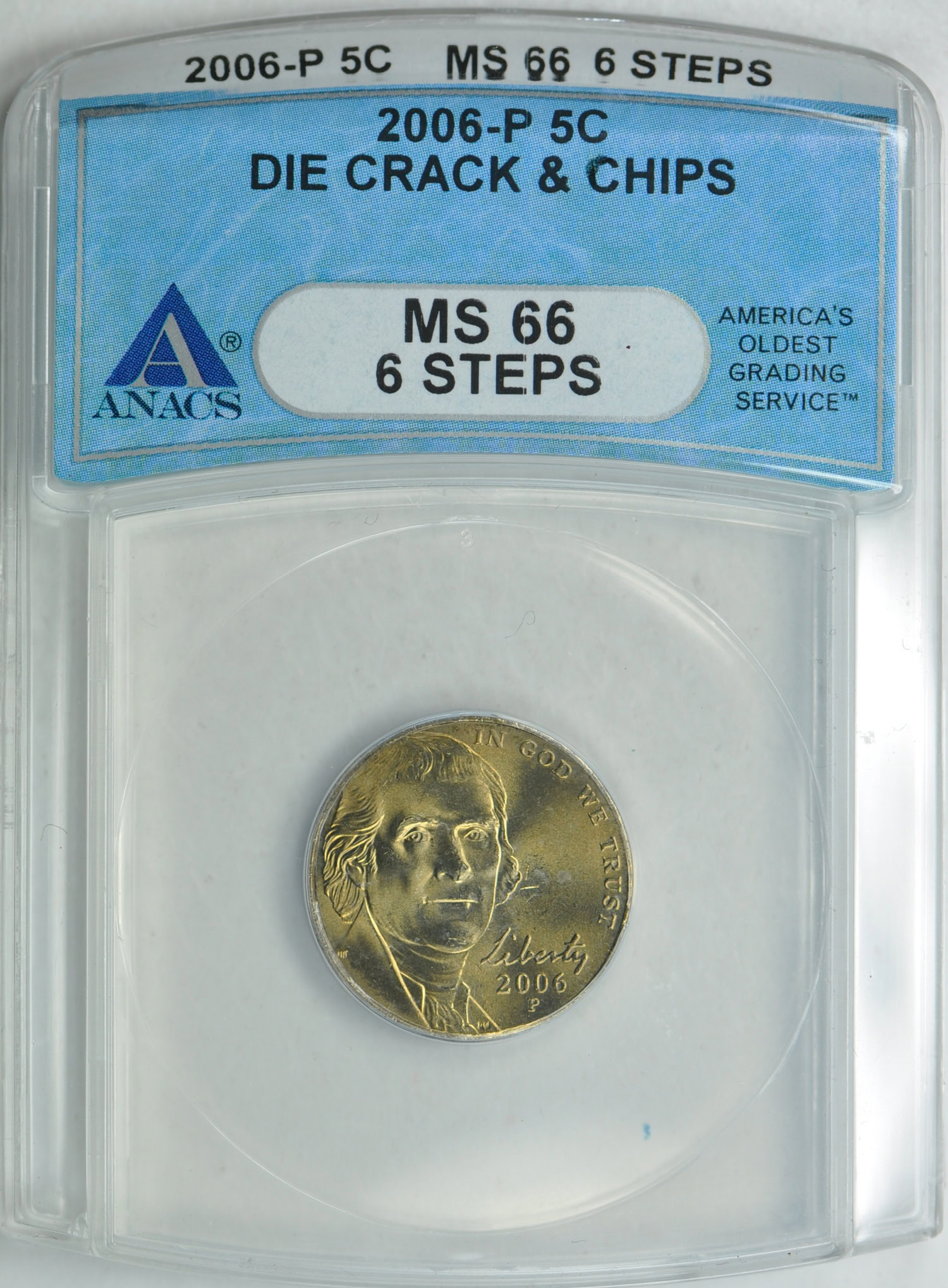 Mint Error 2006-P Jefferson Nickel Die Crack & Chips ANACS MS-66 6