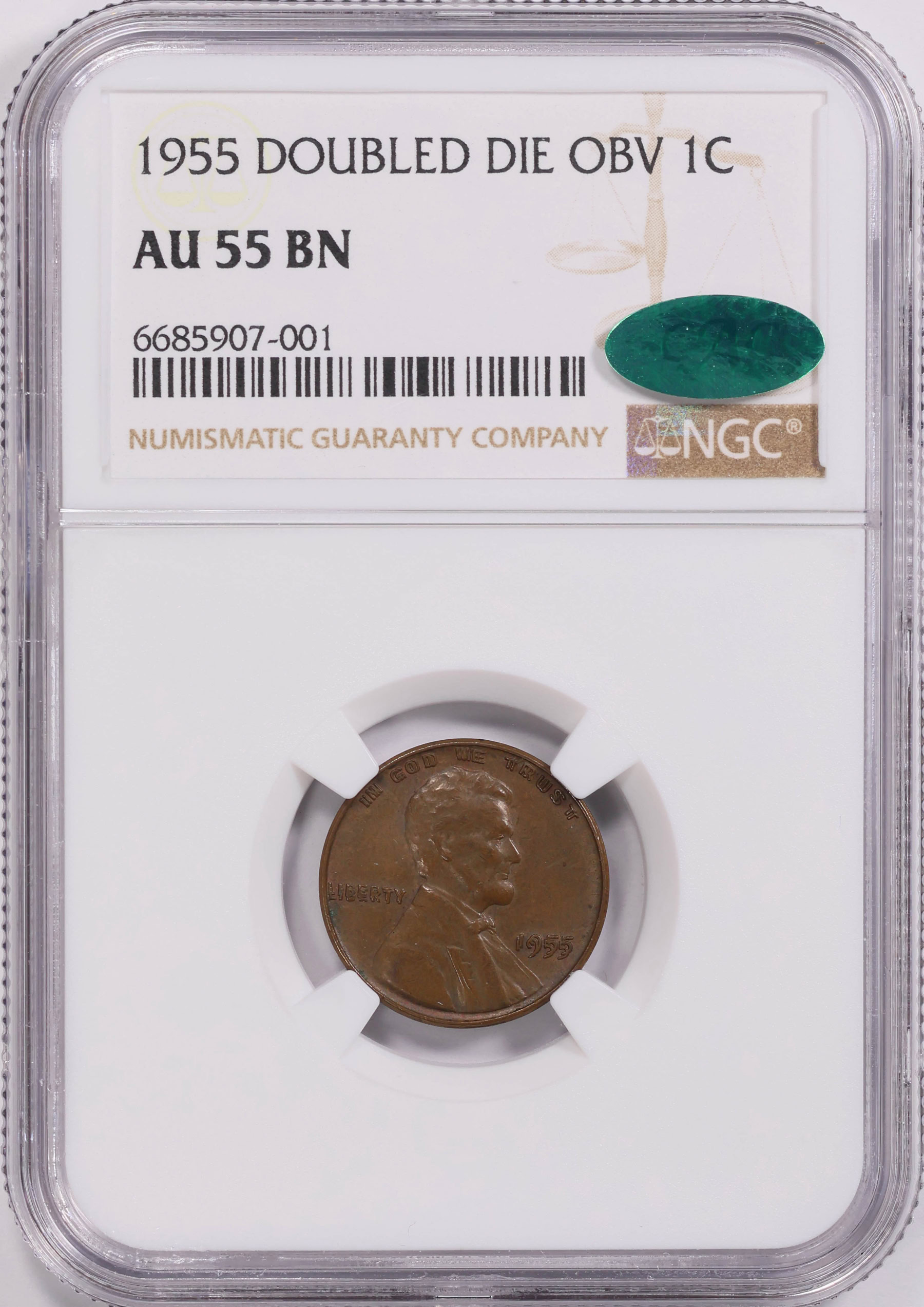 1955 Lincoln Cent Doubled Die Obverse NGC AU-55 BN (CAC Green