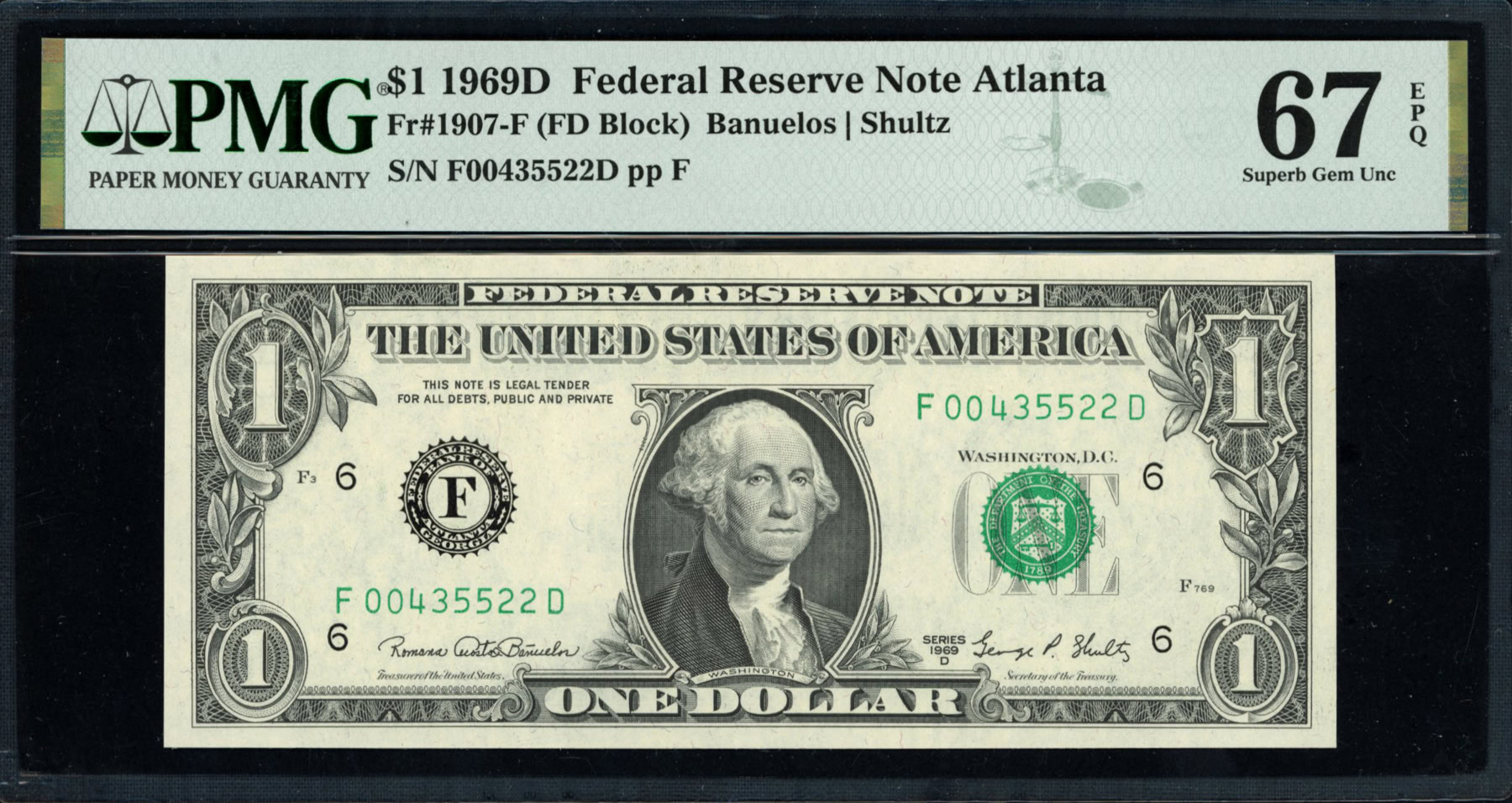Fd Block Fr. 1907-F (FD Block) 1969D $1 Atlanta Federal Reserve Note Banuelos ...