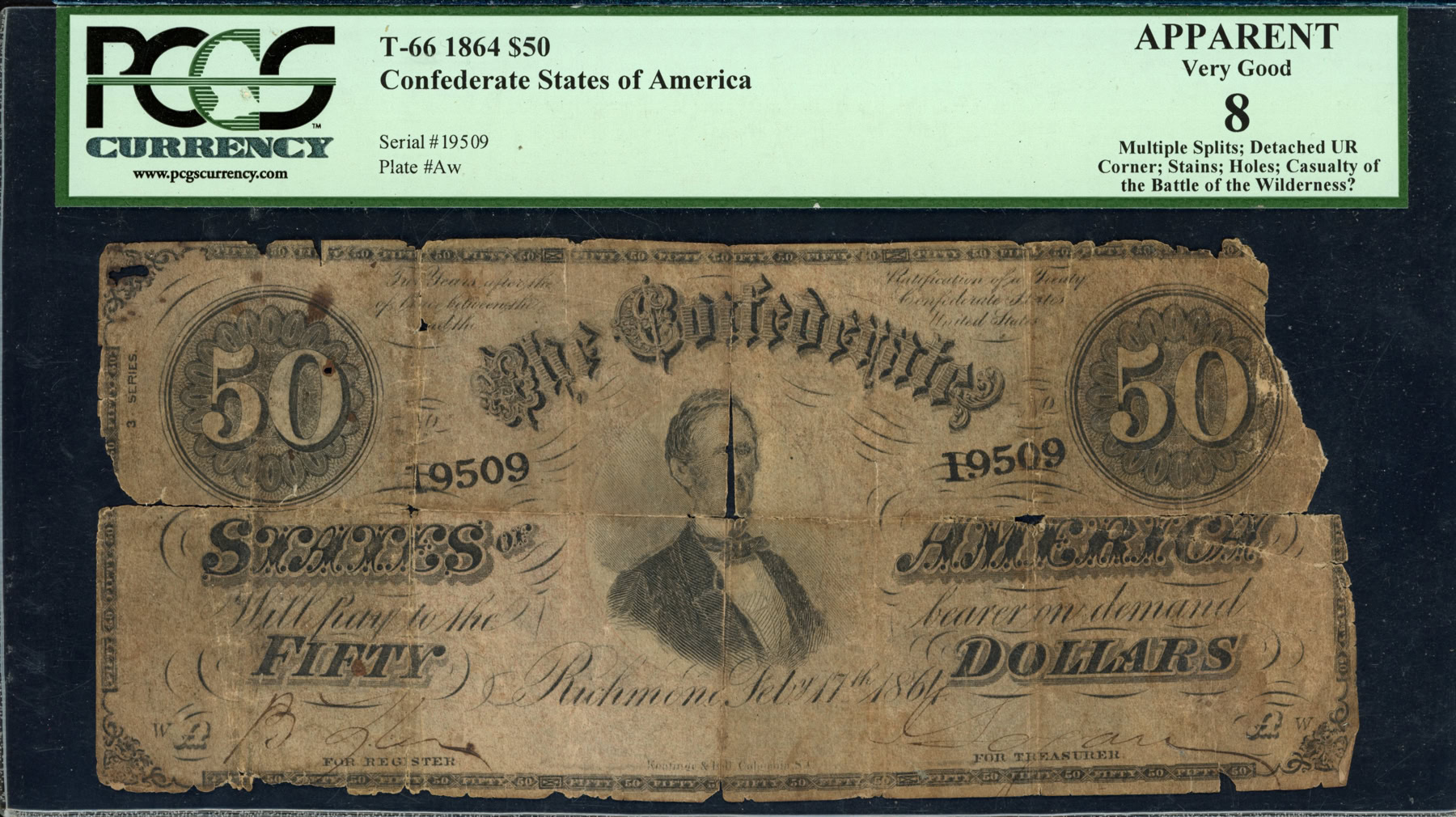 T-66 Confederate States of America 1864 $50 Note PCGS Very Good 08 ...
