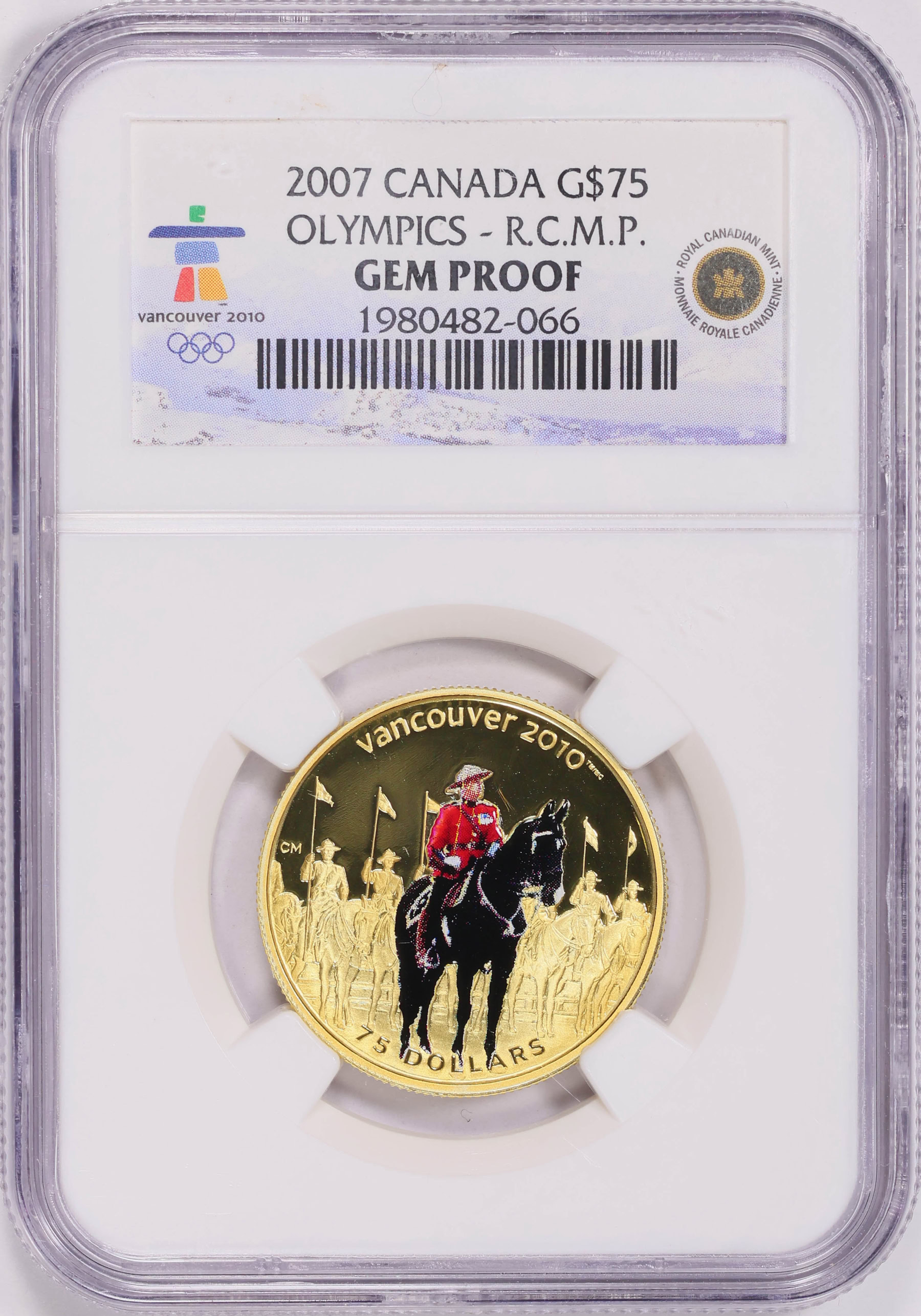 Canada 2007 Colorized Gold $75 Olympics RCMP KM-749 NGC Gem Proof