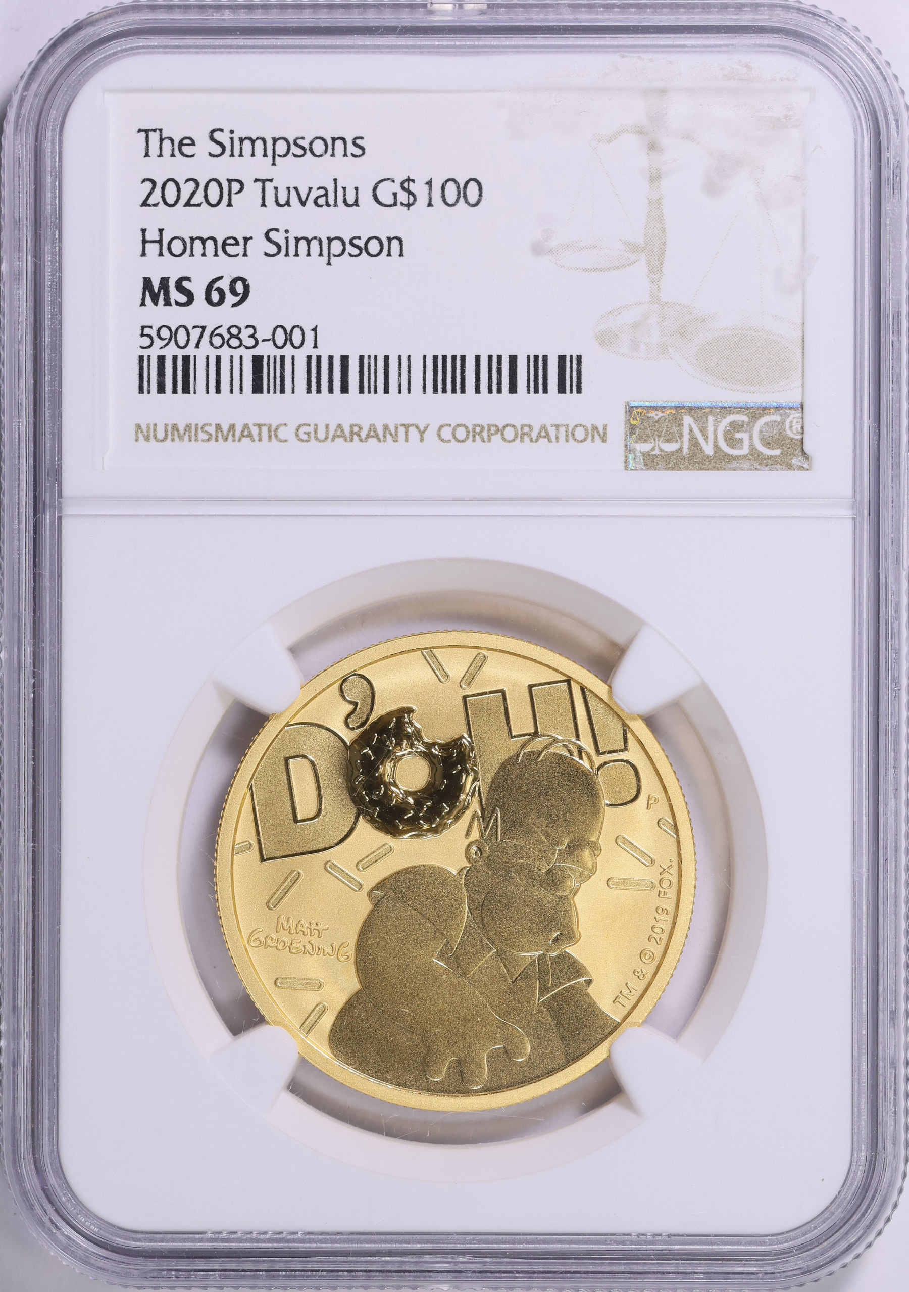 Tuvalu 2020-P Gold $100 Homer Simpson NGC MS-69 (AGW = 0.999 Oz