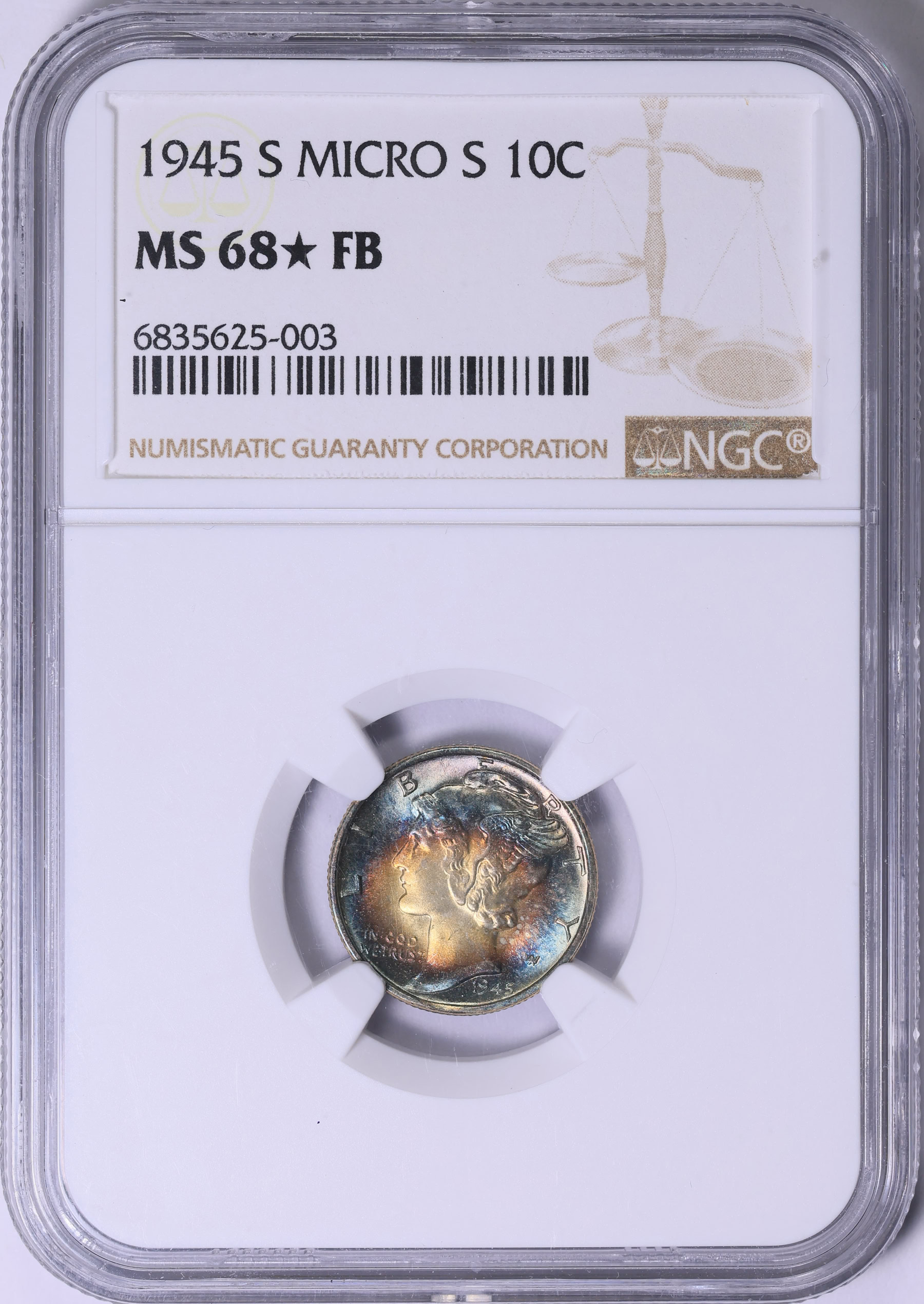 1945-S Mercury Dime Micro S NGC MS-68 ☆ FB (Toned) (Item 1833506