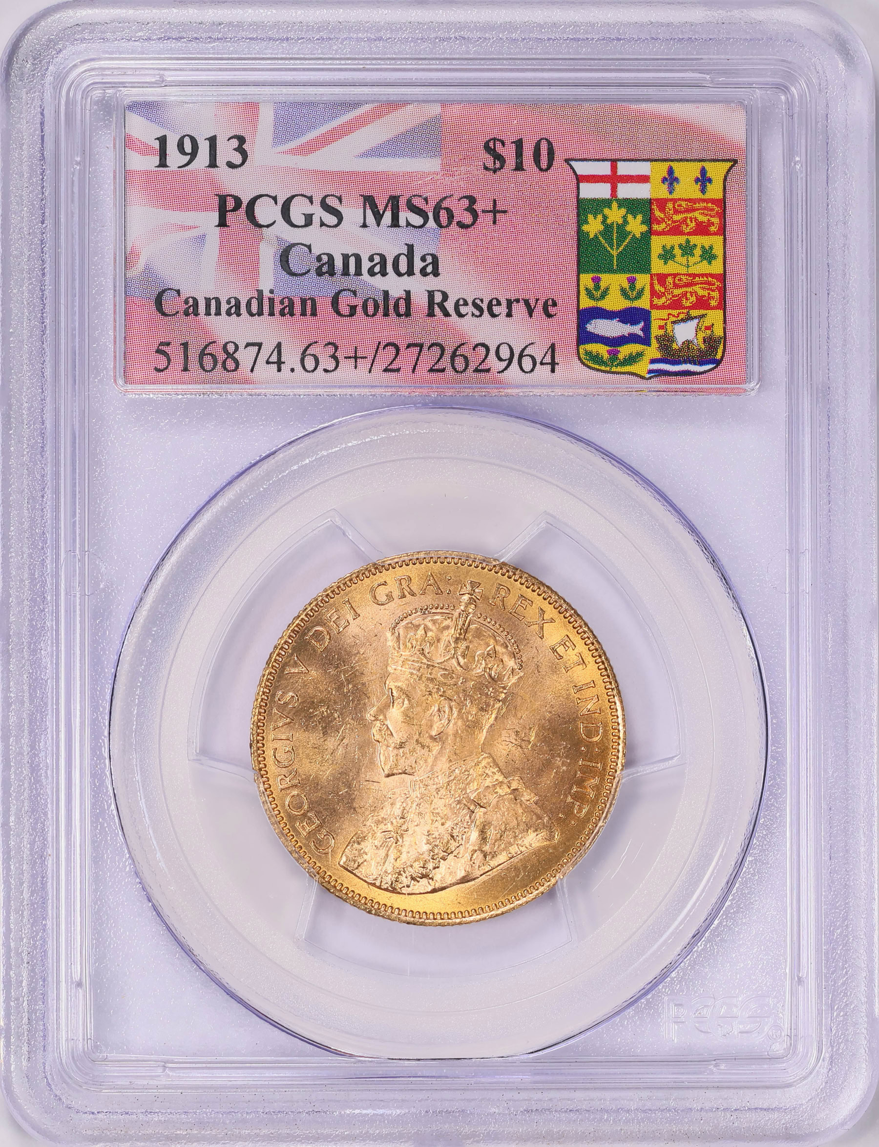 Canada 1913 Gold $10 KM-27 PCGS MS-63+ (AGW = 0.4838 Oz.) (Item