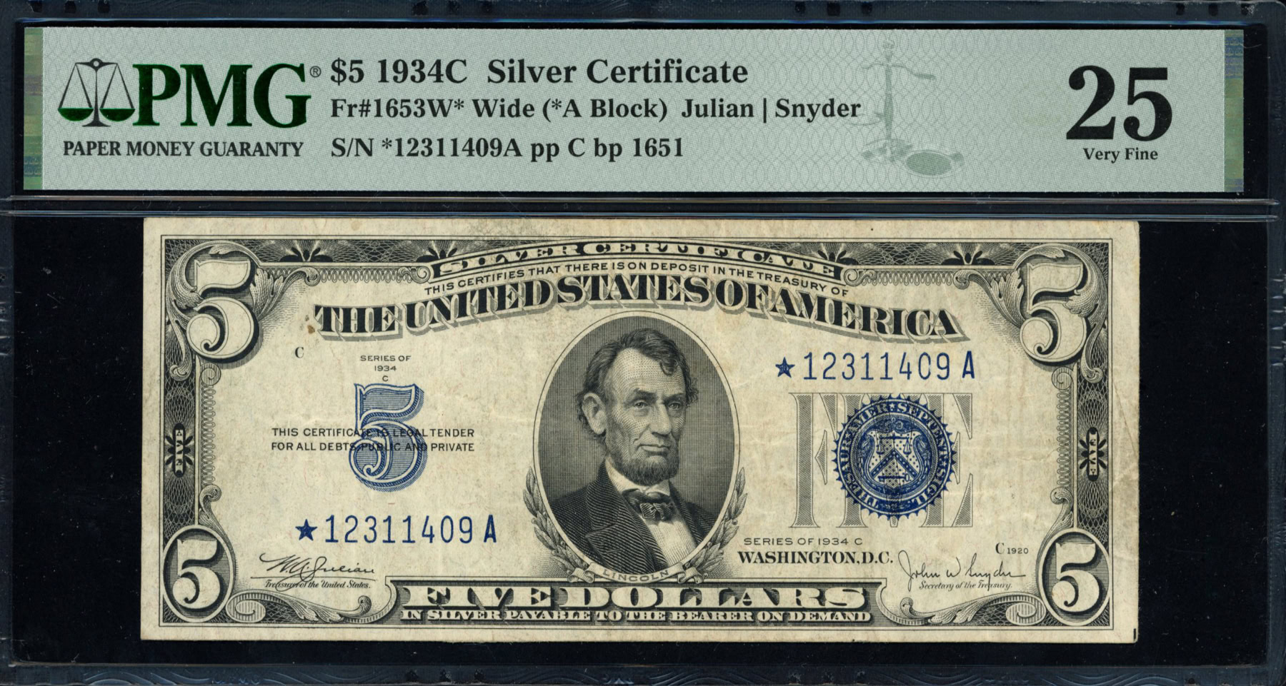 Fr. 1653W* Wide (*A Block) 1934C $5 Silver Certificate Star Note Julian ...