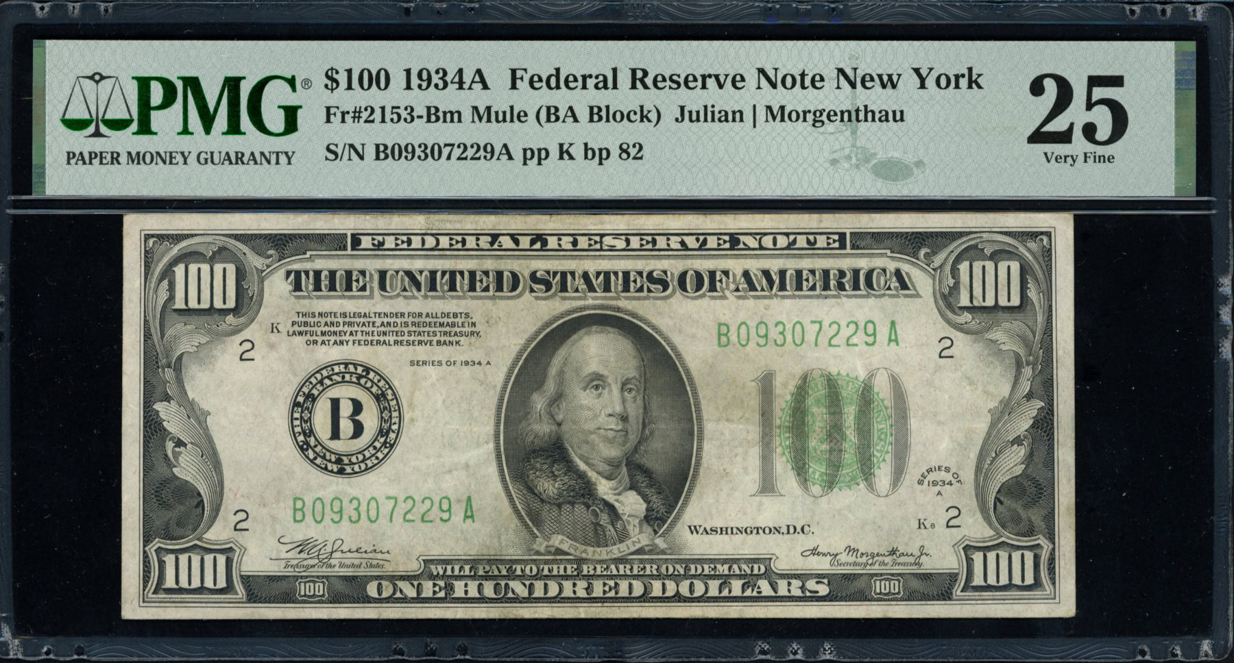 Mule Note Example Fr. 2153-Bm (BA Block) 1934A $100 New York Federal Reserve Mule Note ...