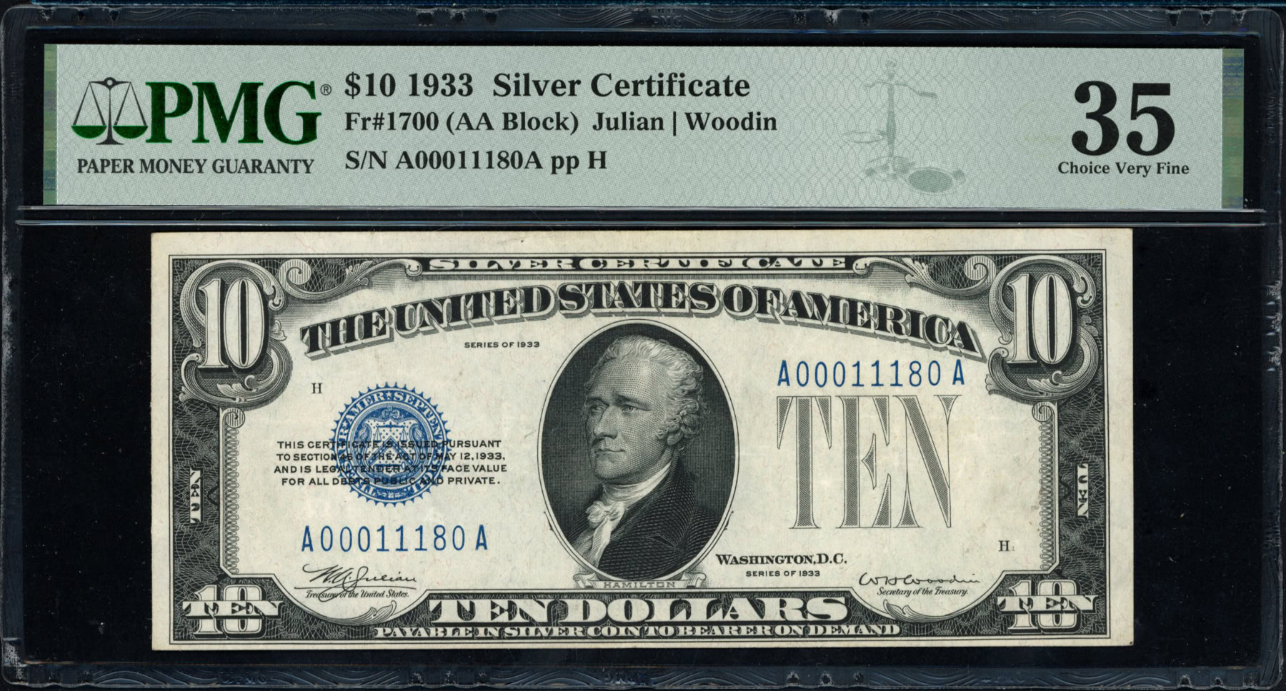 vintage an・an no.10 Fr. 1700 (AA Block) 1933 $10 Silver Certificate Note Julian