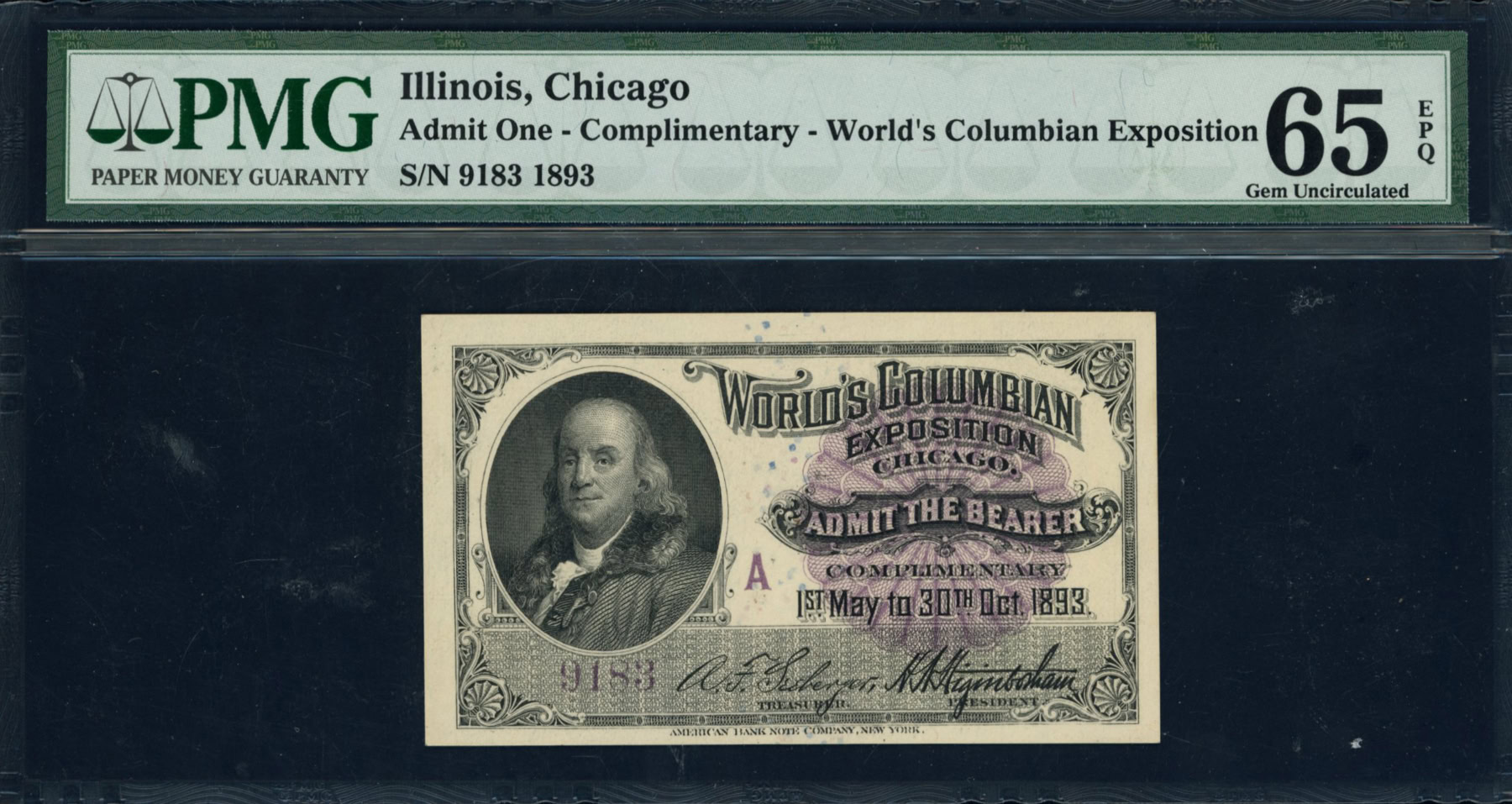 1893 Chicago, Illinois World's Columbian Exposition Complimentary
