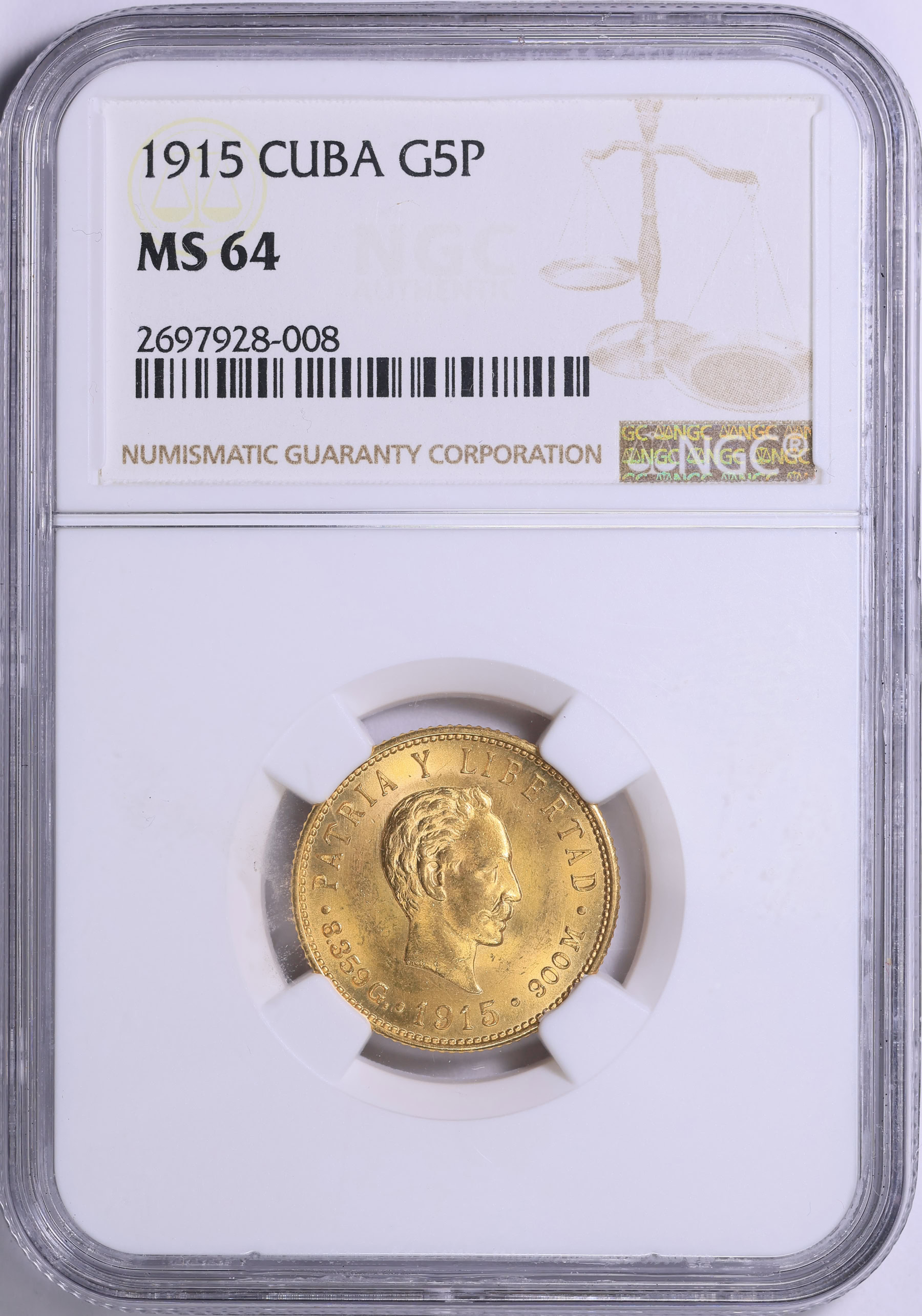 Cuba 1915 Gold 5 Pesos KM-19 NGC MS-64 (AGW = 0.2419 oz.) (Item