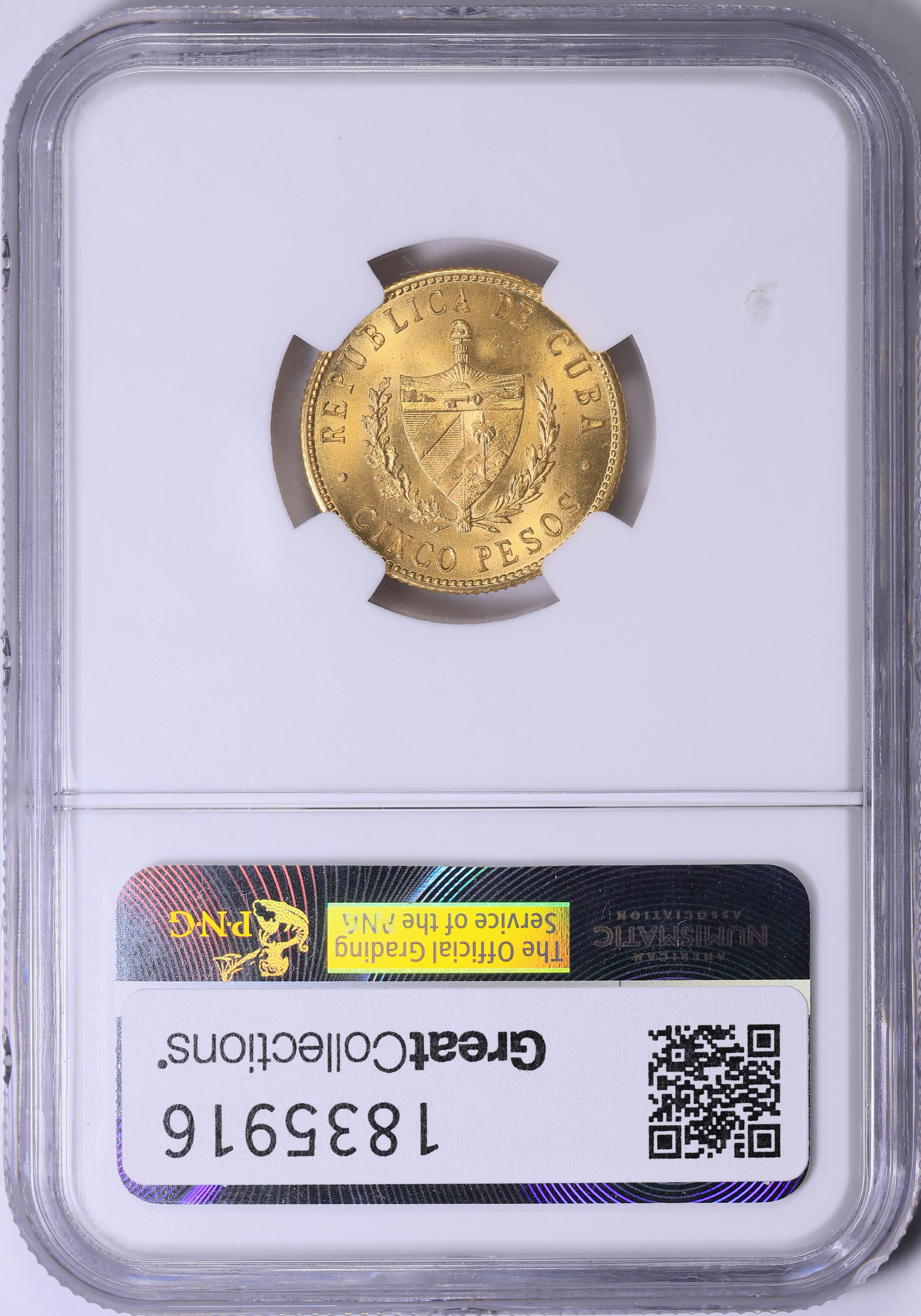 Cuba 1915 Gold 5 Pesos KM-19 NGC MS-64 (AGW = 0.2419 oz.) (Item