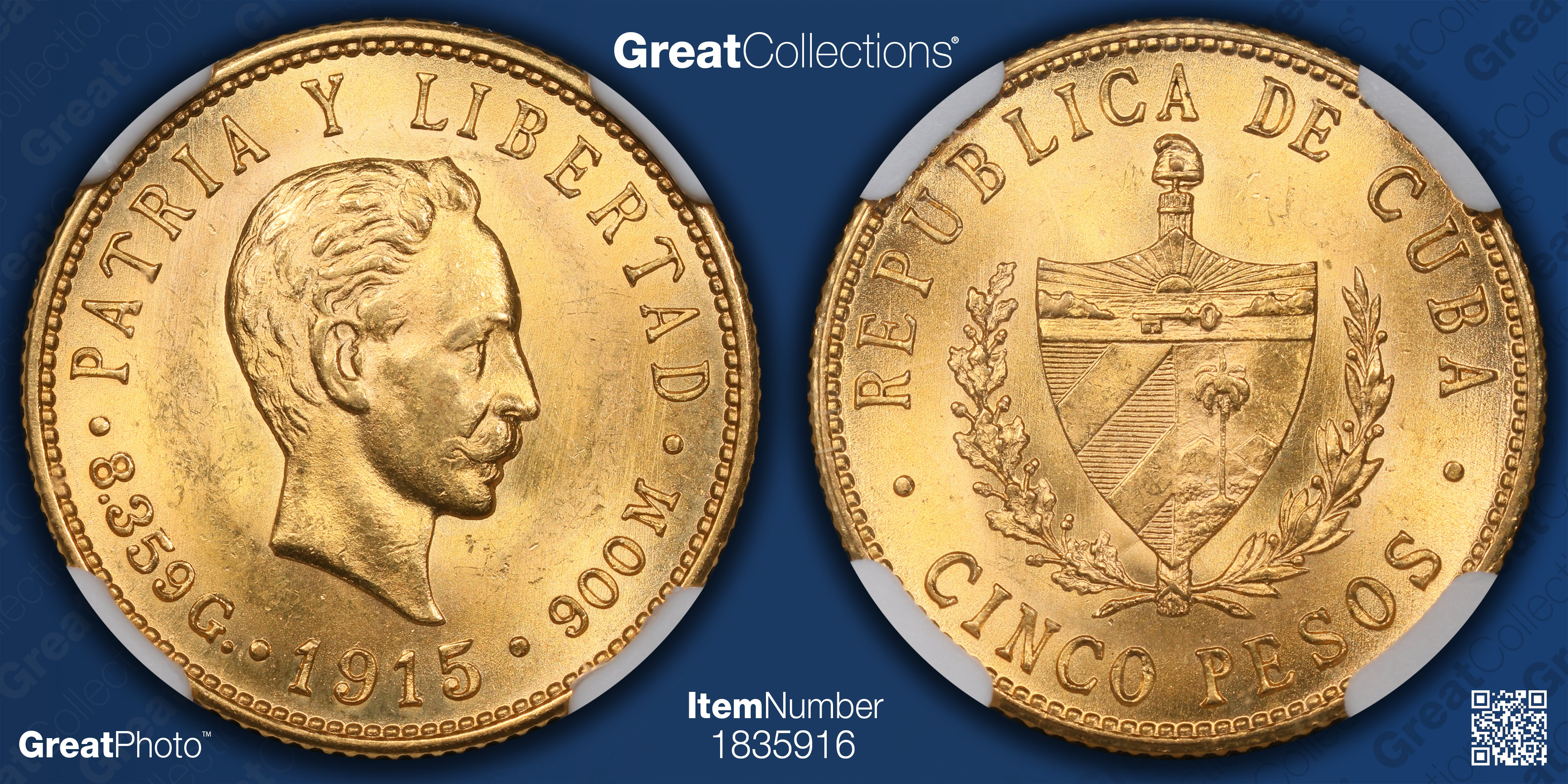 Cuba 1915 Gold 5 Pesos KM-19 NGC MS-64 (AGW = 0.2419 oz.) (Item