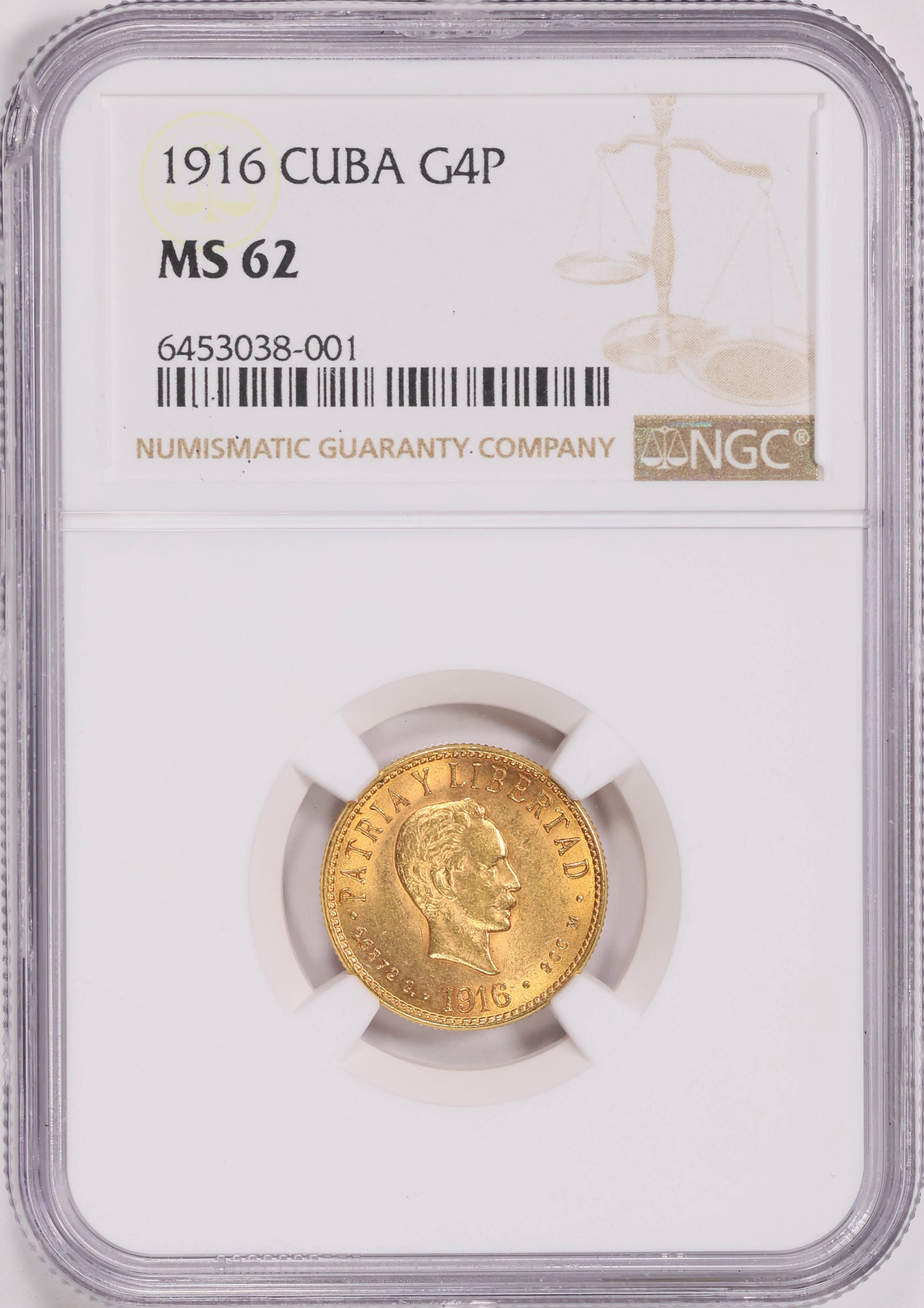 Agu☺︎ Cuba 1916 Gold 4 Pesos KM-18 NGC MS-62 (AGW = 0.1935 oz.) (Item