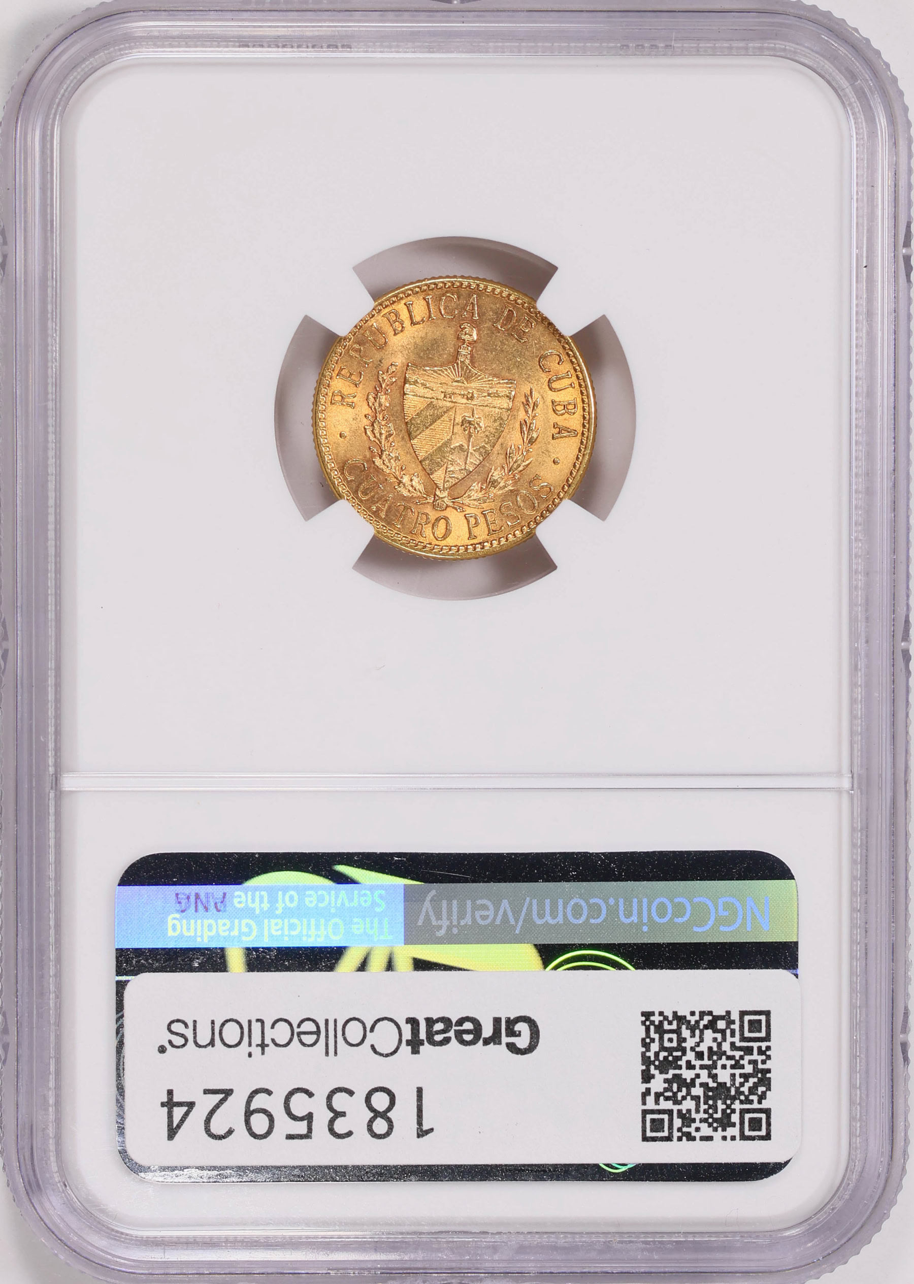 Cuba 1916 Gold 4 Pesos KM-18 NGC MS-62 (AGW = 0.1935 oz.) (Item