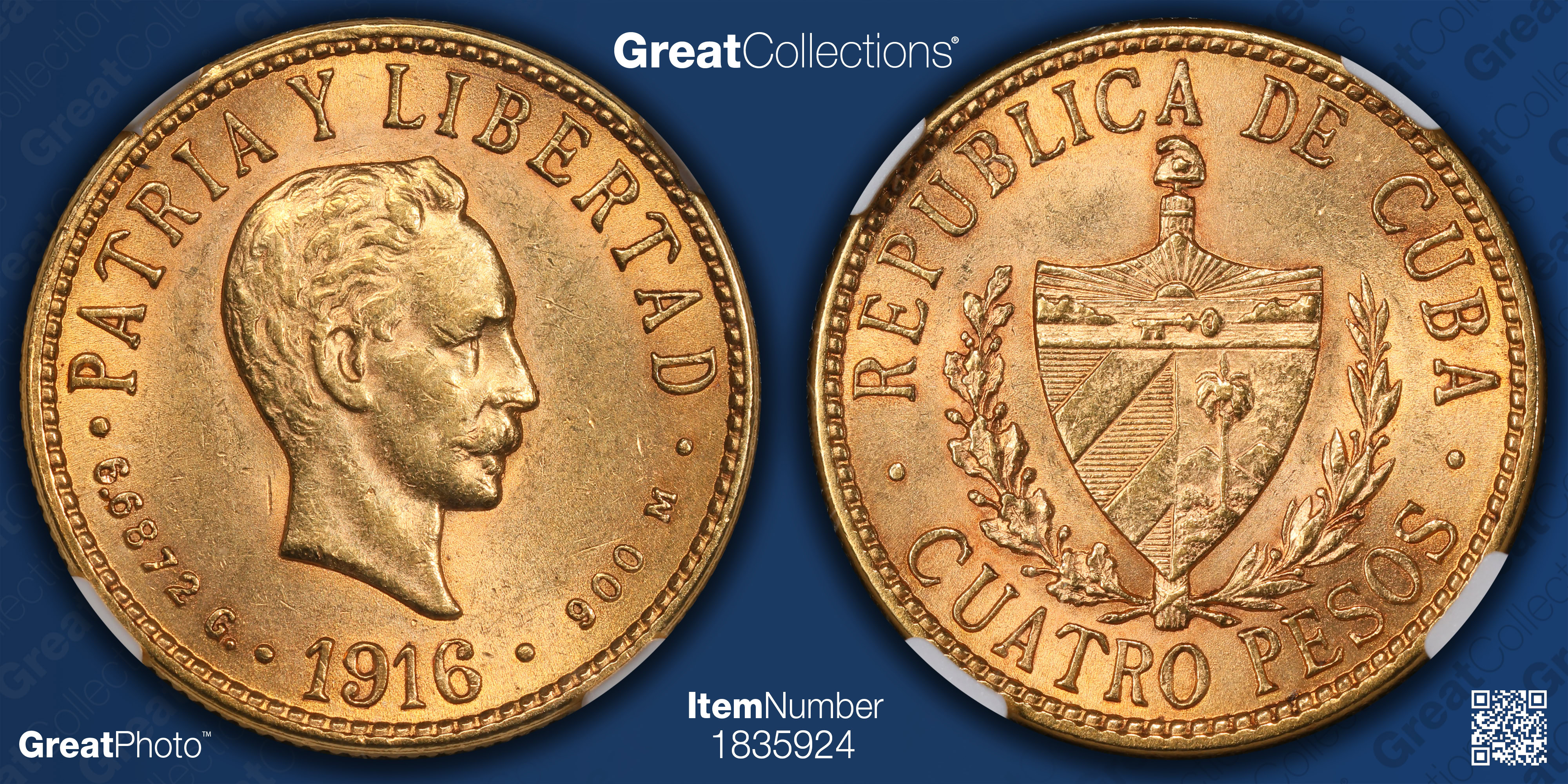 Cuba 1916 Gold 4 Pesos KM-18 NGC MS-62 (AGW = 0.1935 oz.) (Item