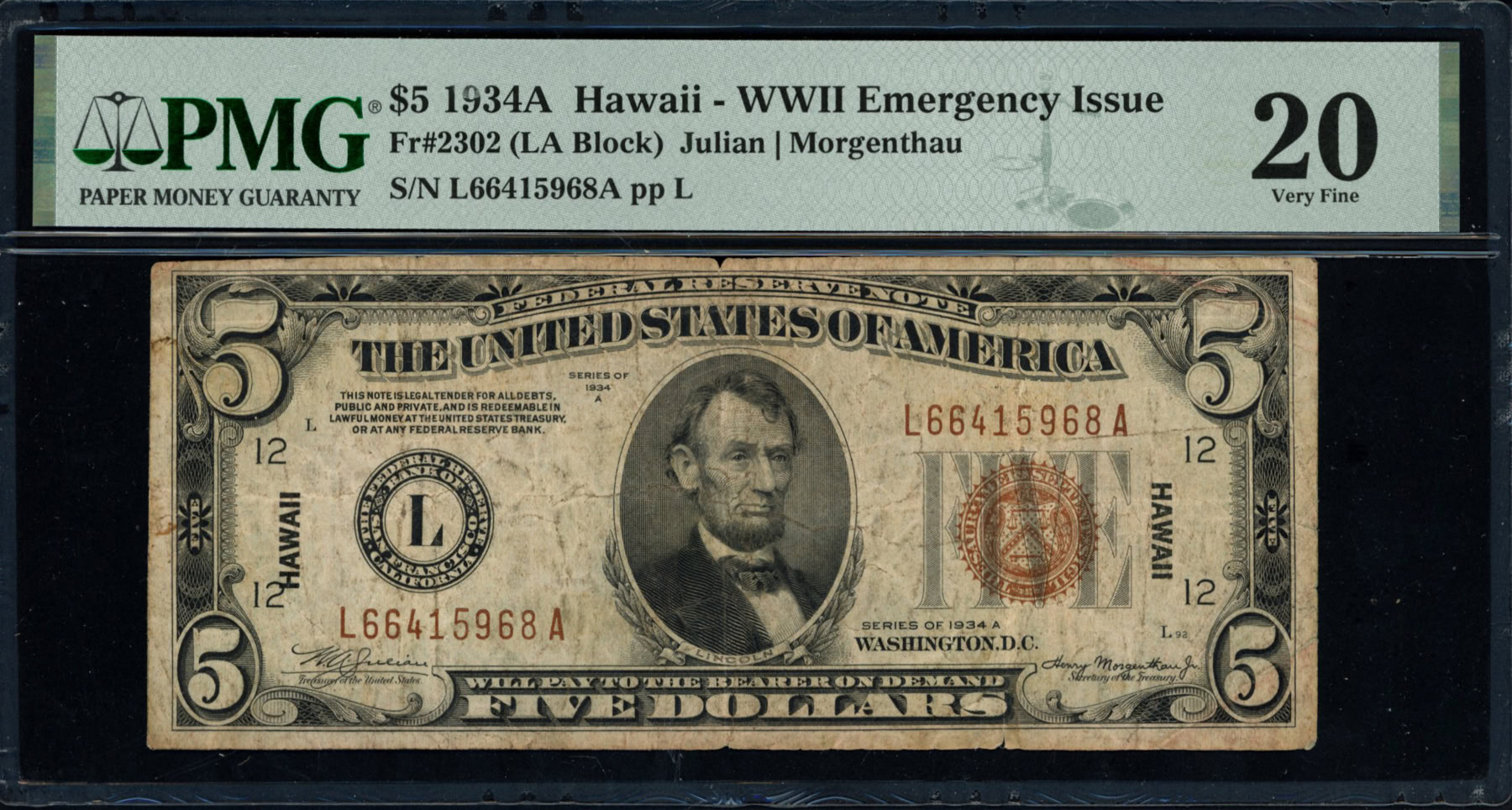 Fr. 2302 (LA Block) 1934A $5 Hawaii WWII Emergency Issue Note Julian ...