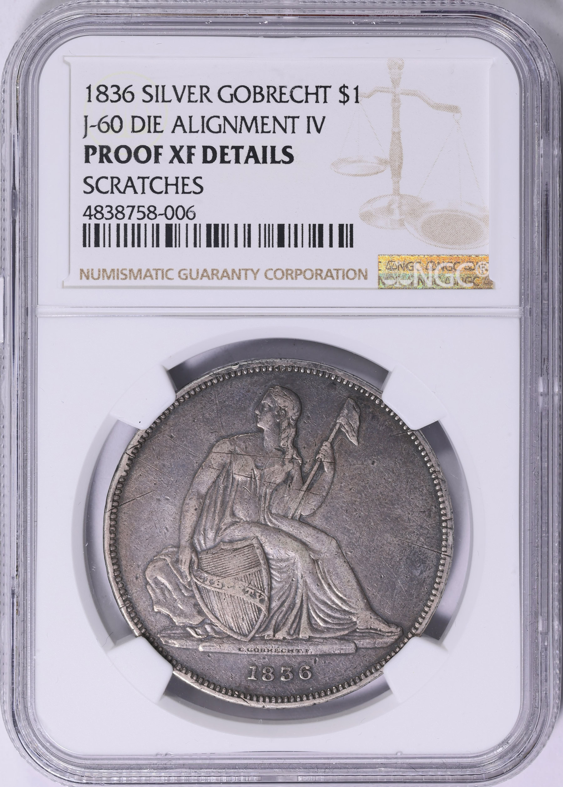 1836 Gobrecht Silver Dollar Original, Coin Alignment J-60 NGC