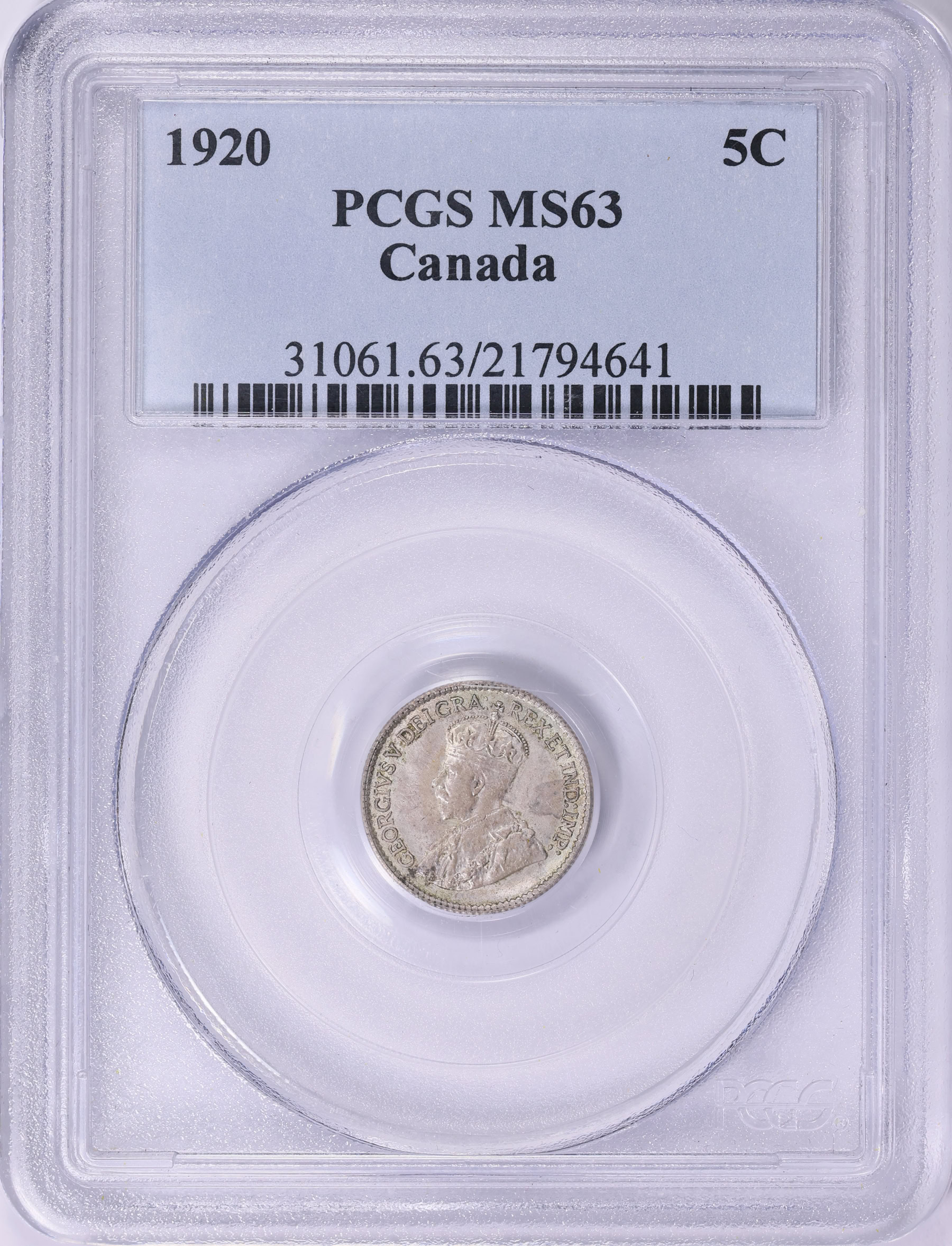 Canada 1920 Silver 5 Cents KM-22a PCGS MS-63 (Item 1836984