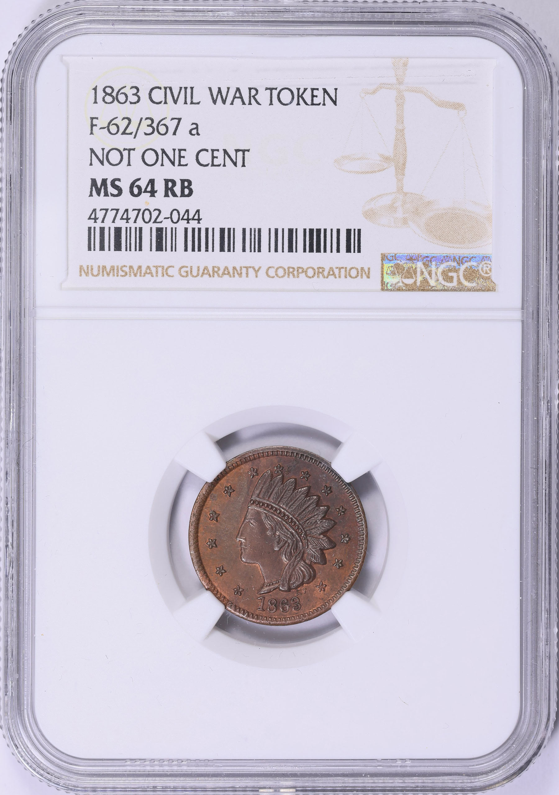 1863 Not One Cent Civil War Token F-62/367a NGC MS-64 RB (Item 1837306) |  GreatCollections Coin Auctions