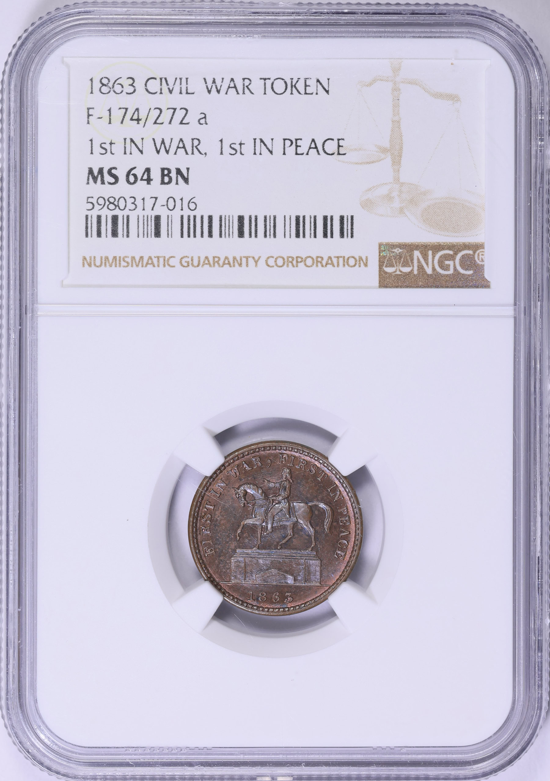 1863 First in War, First in Peace Civil War Token F-174/272a NGC MS-64 BN  (Item 1837378) | GreatCollections Coin Auctions