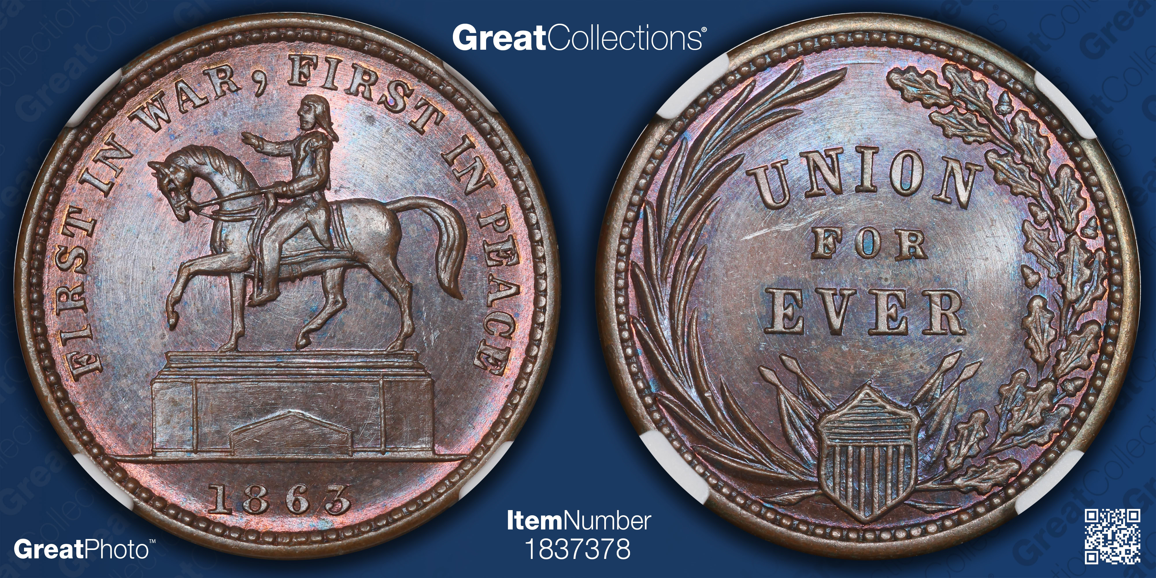 1863 First in War, First in Peace Civil War Token F-174/272a NGC MS-64 BN  (Item 1837378) | GreatCollections Coin Auctions