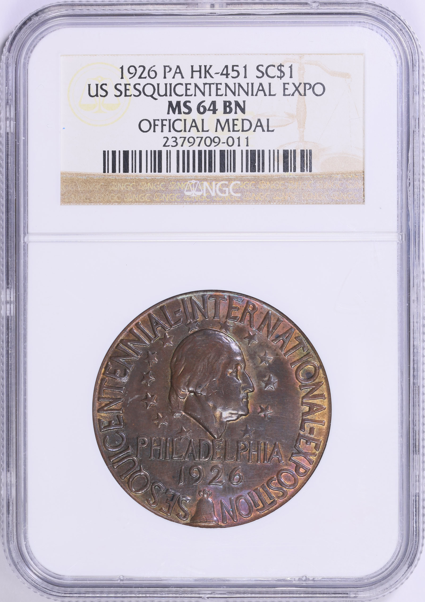 1926 U.S. Sesquicentennial Exposition Official Medal So-Called Dollar  HK-451 NGC MS-64 BN (Toned) (Item 1837436) | GreatCollections Coin Auctions