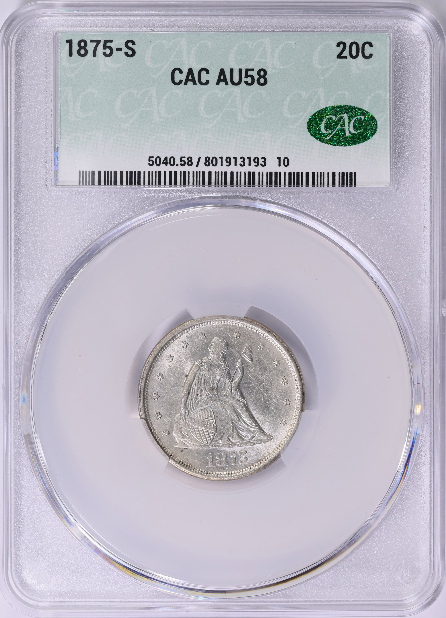 1875-S Twenty-Cent Piece CACG AU-58 (Item 1841153