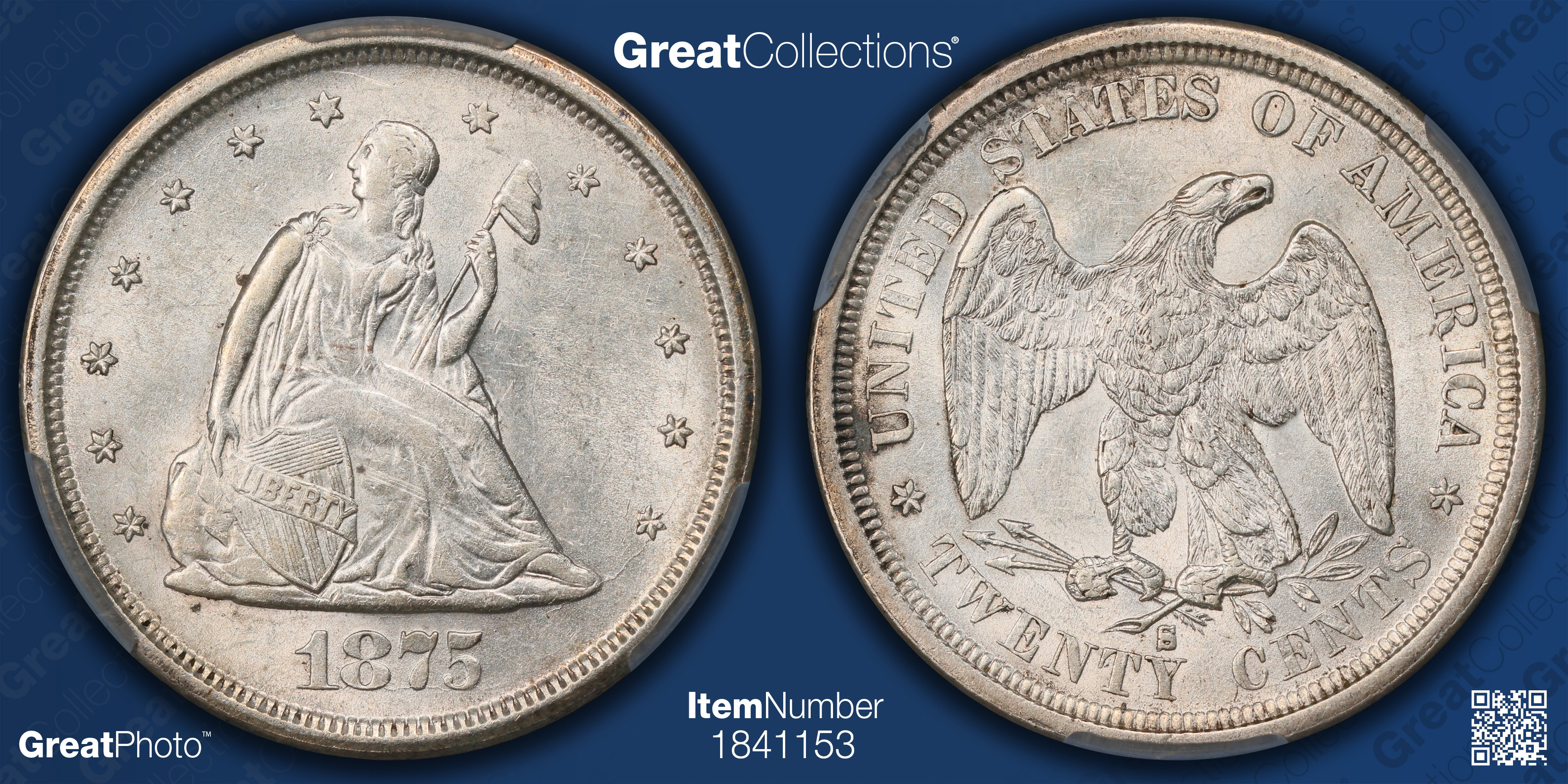 1875-S Twenty-Cent Piece CACG AU-58 (Item 1841153