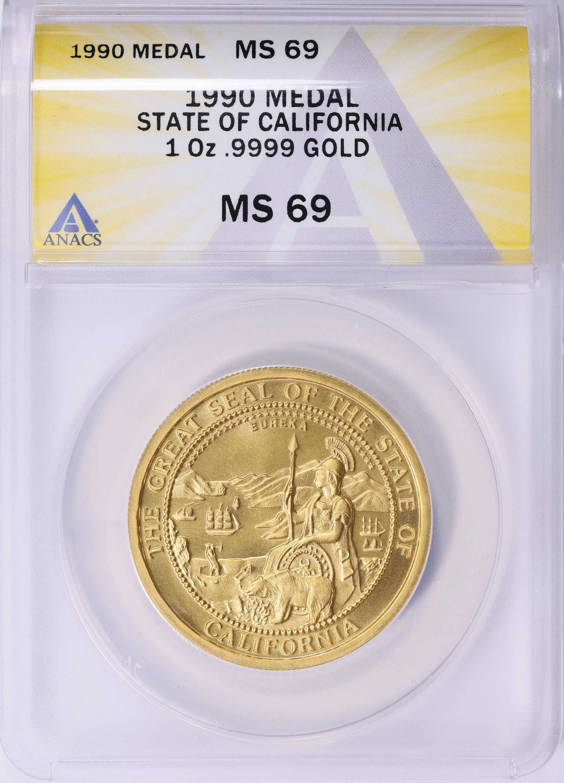 1990 Gold 1oz Seal of the State of California Medal ANACS MS-69