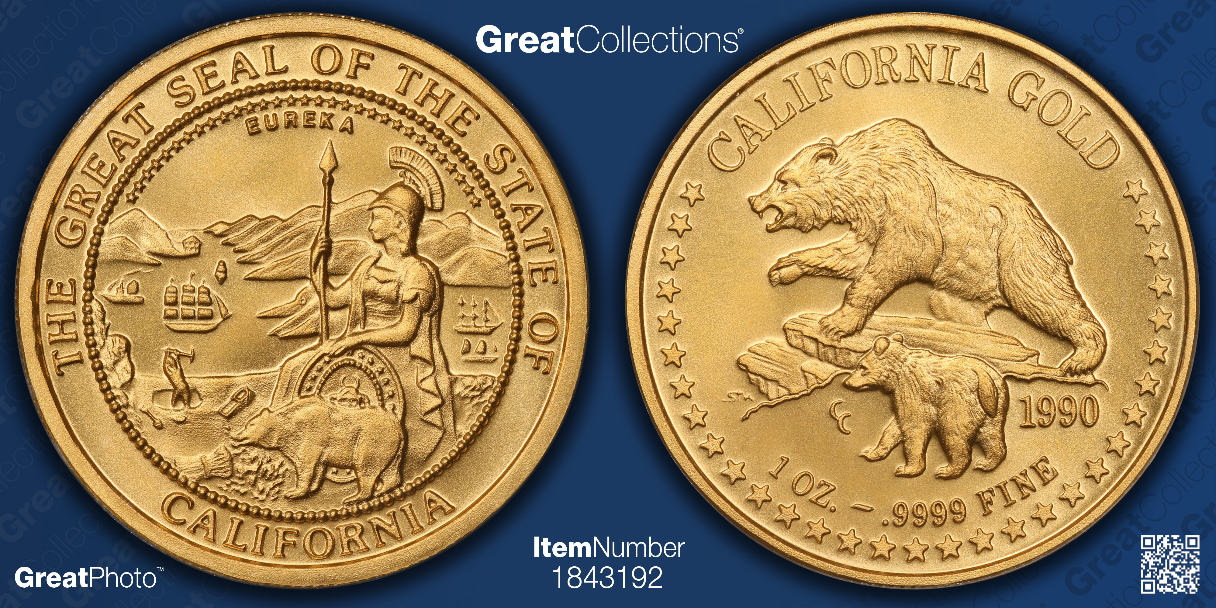 1990 Gold 1oz Seal of the State of California Medal ANACS MS-69