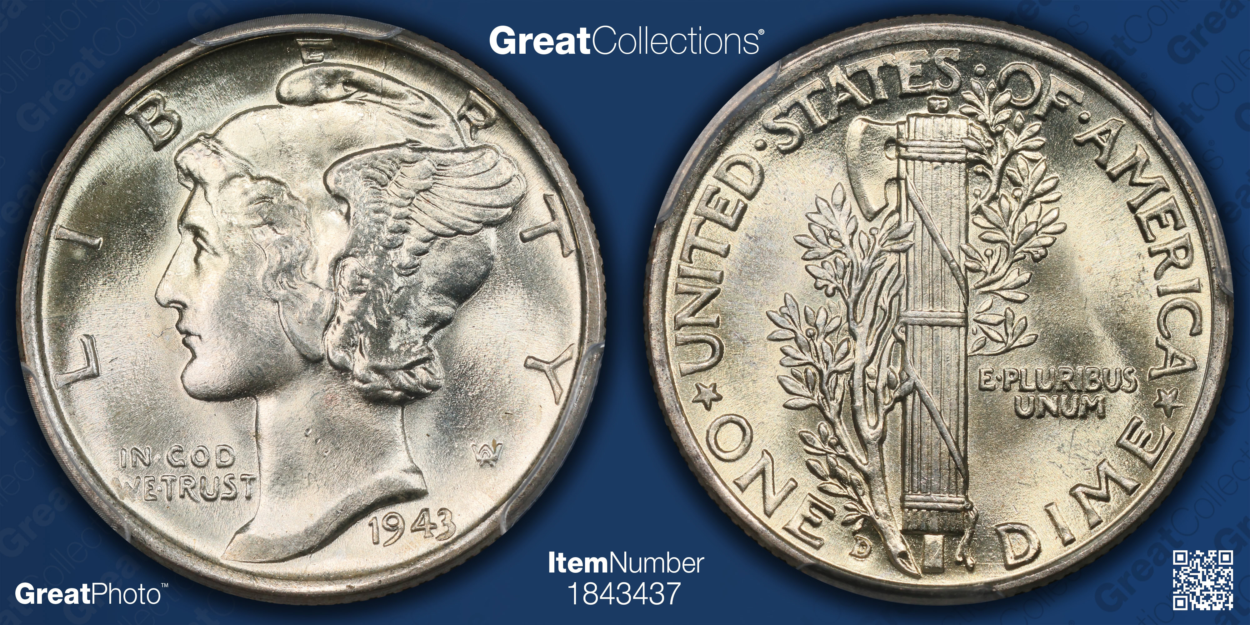 1943 D Mercury Dime Pcgs Ms 66 Fb Cac Green Item 1843437 