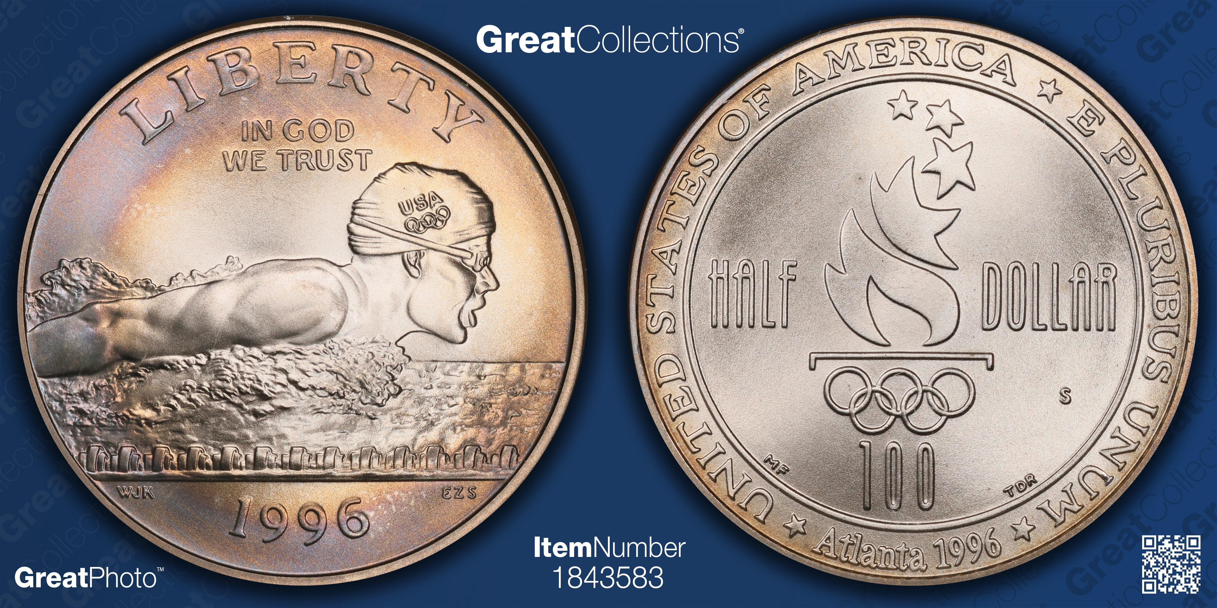 1996-S XXVI Olympiad Swimming Clad Half Dollar NGC MS-69 (Toned