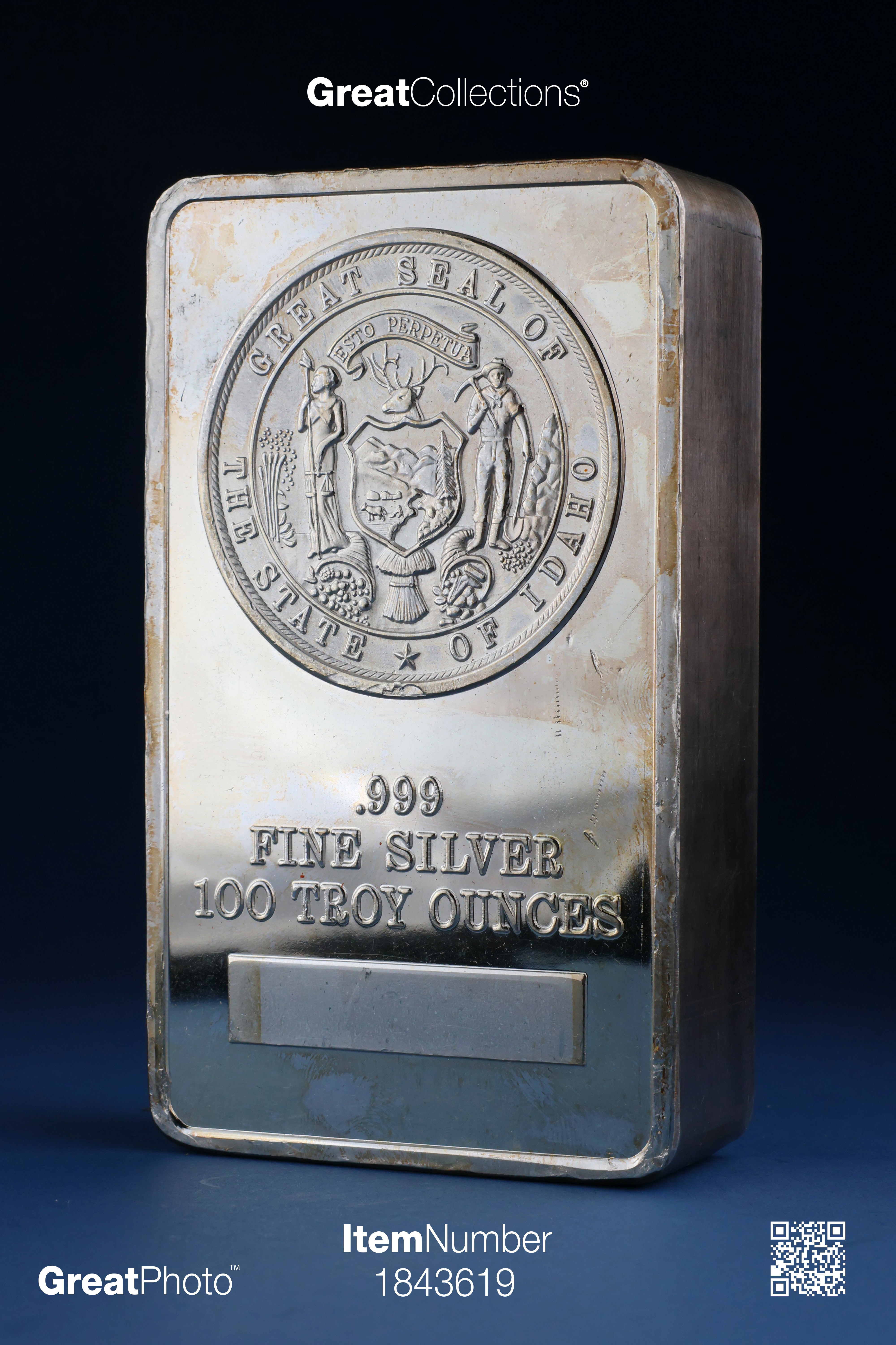 ND Silver 100oz Great Seal of Idaho Private Mint Ingot/Bar Uncertified (ASW  = 99.999 oz.) | Cert #n/a | GreatCollections Coin Auctions Item #1843619