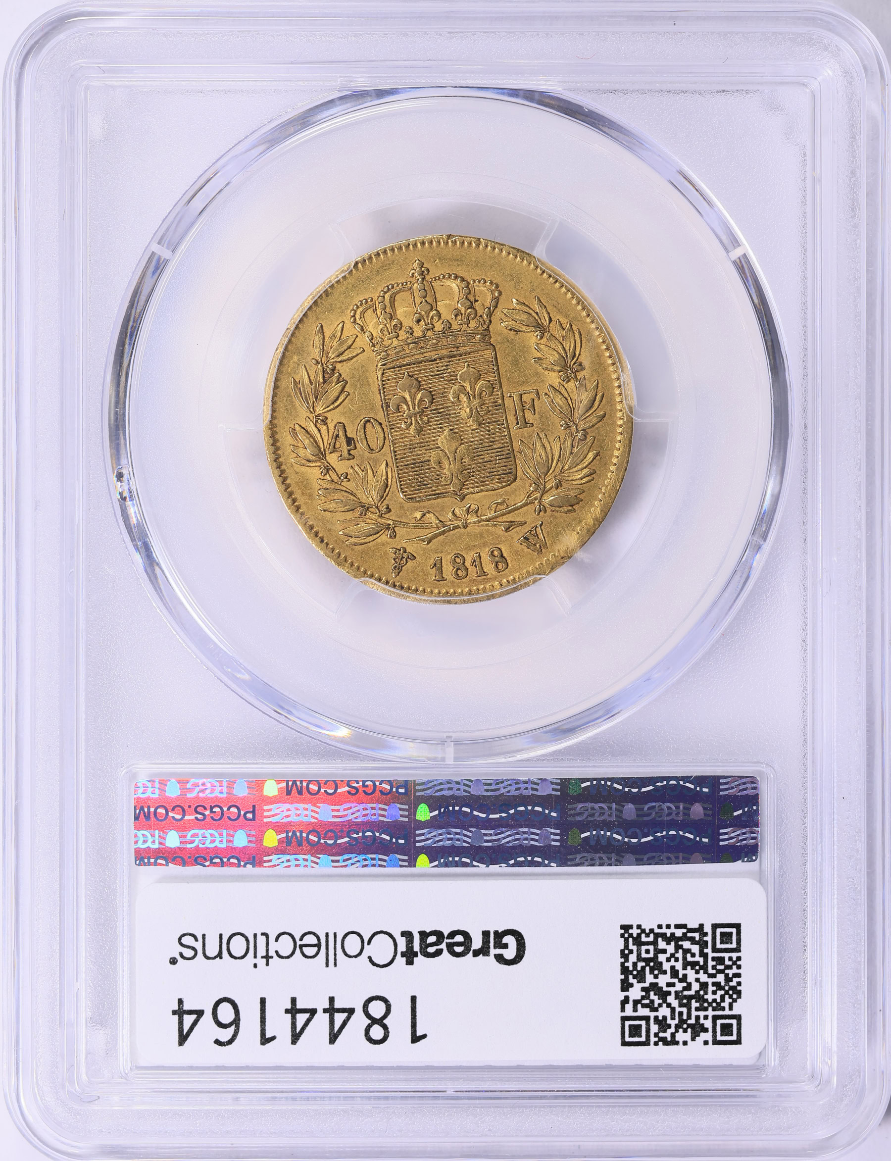 France 1818-W Gold 40 Francs KM-713.6 PCGS AU-55 (AGW = 0.3734 oz