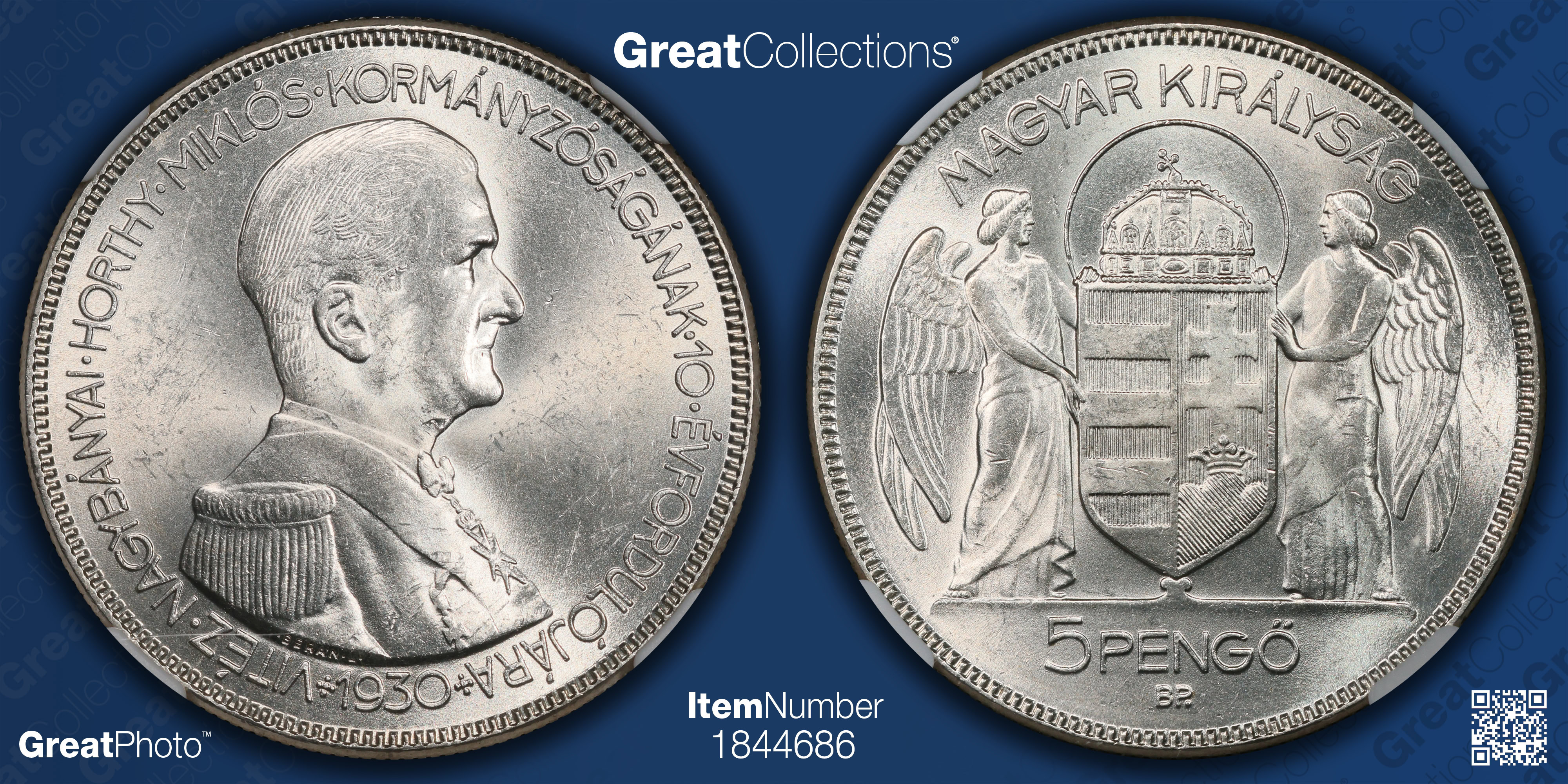 Hungary 1930-BP Silver 5 Pengo KM-512.1 NGC MS-63 (Item 1844686