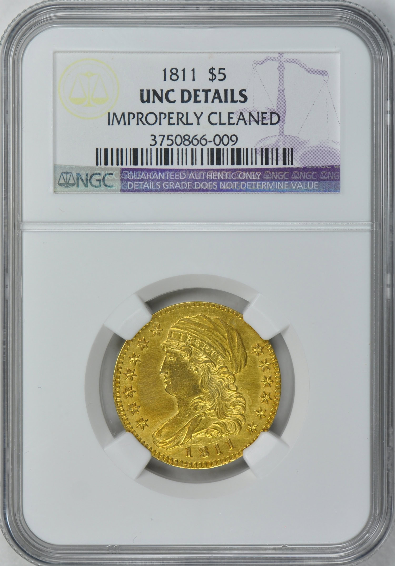 1811 Capped Bust Left Gold Half Eagle Tall 5 NGC Unc Details (Item