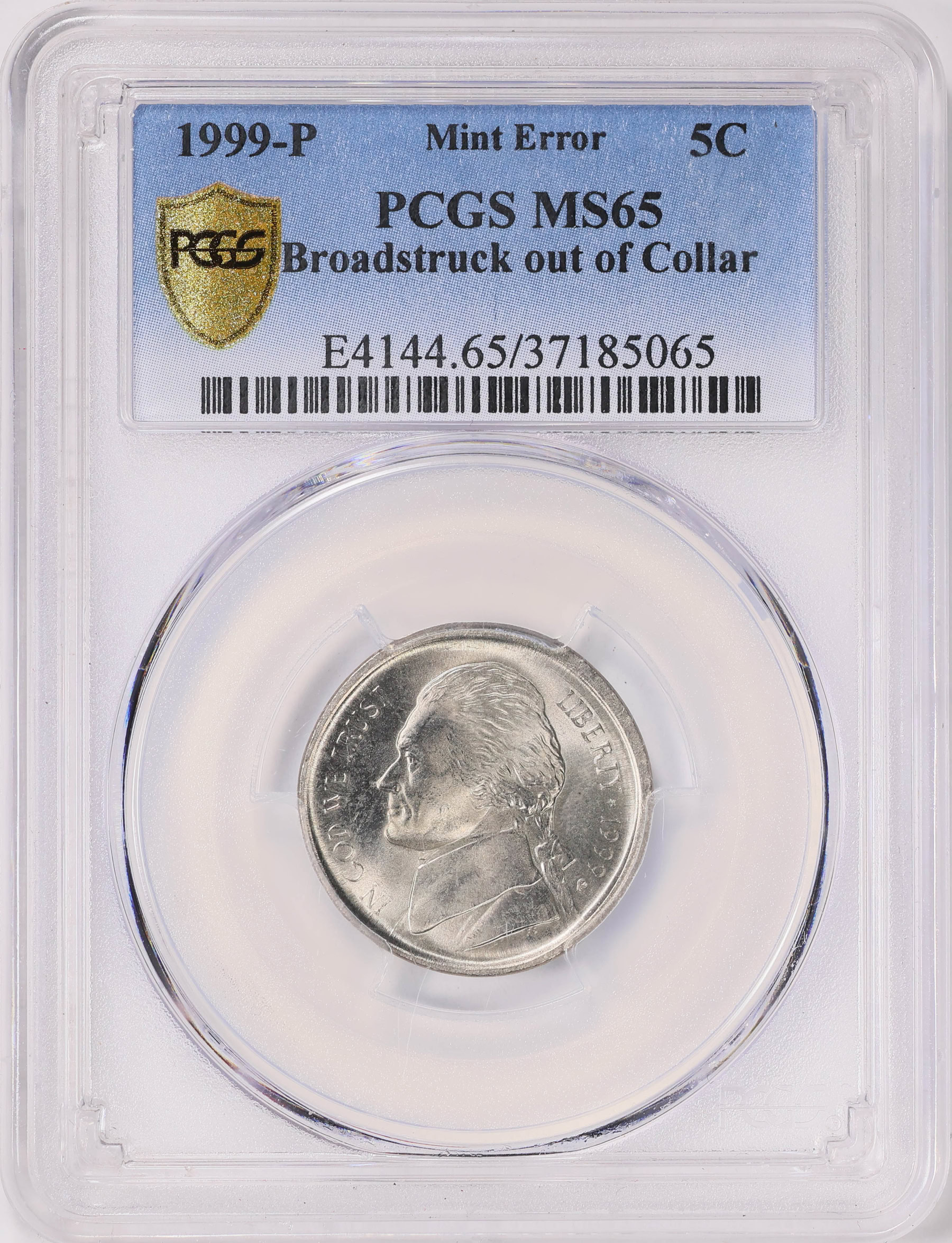 Mint Error 1999-P Jefferson Nickel Broadstruck out of Collar PCGS