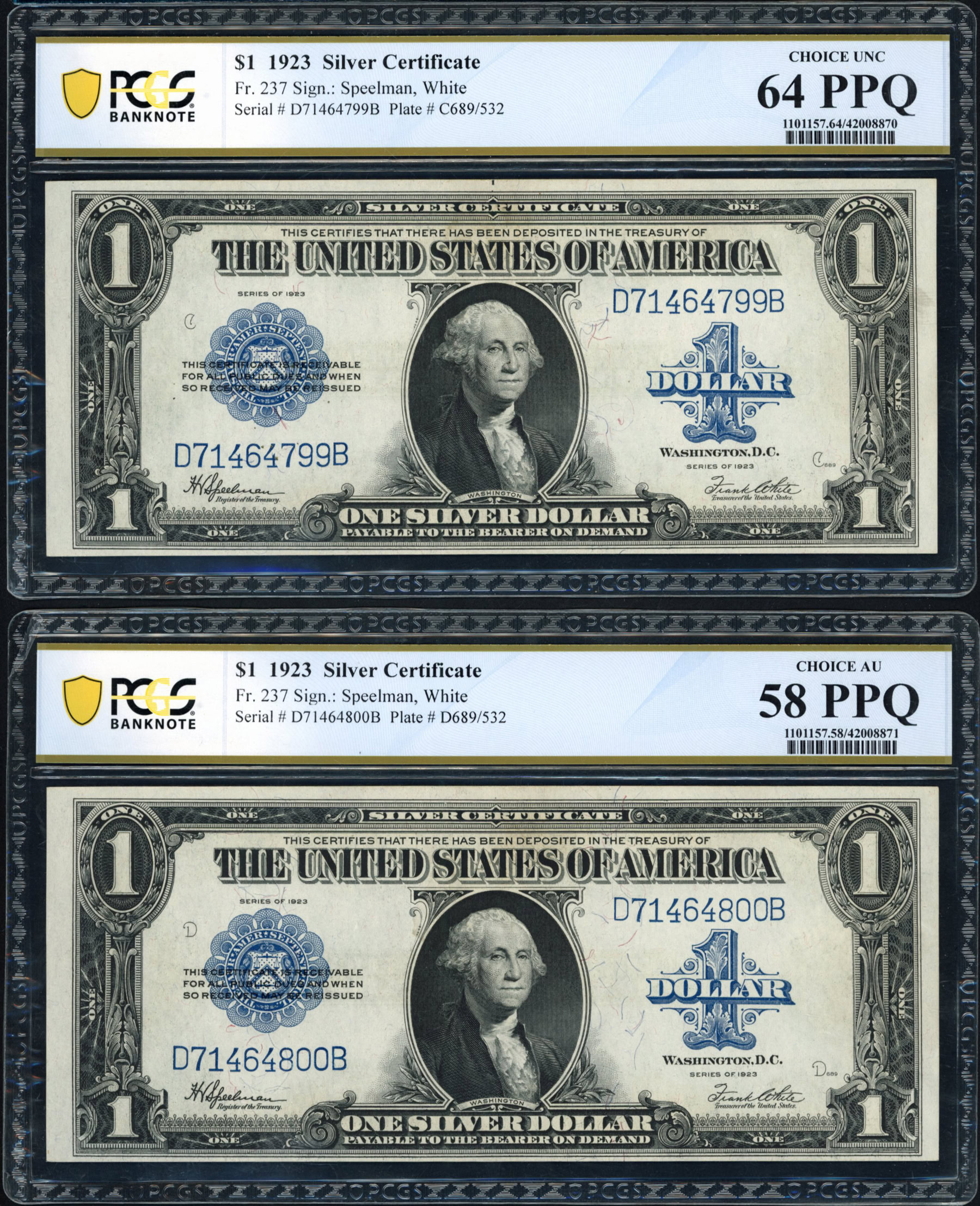Fr. 237 1923 $1 Silver Certificate Notes *Sequential Serial Nuber Run ...