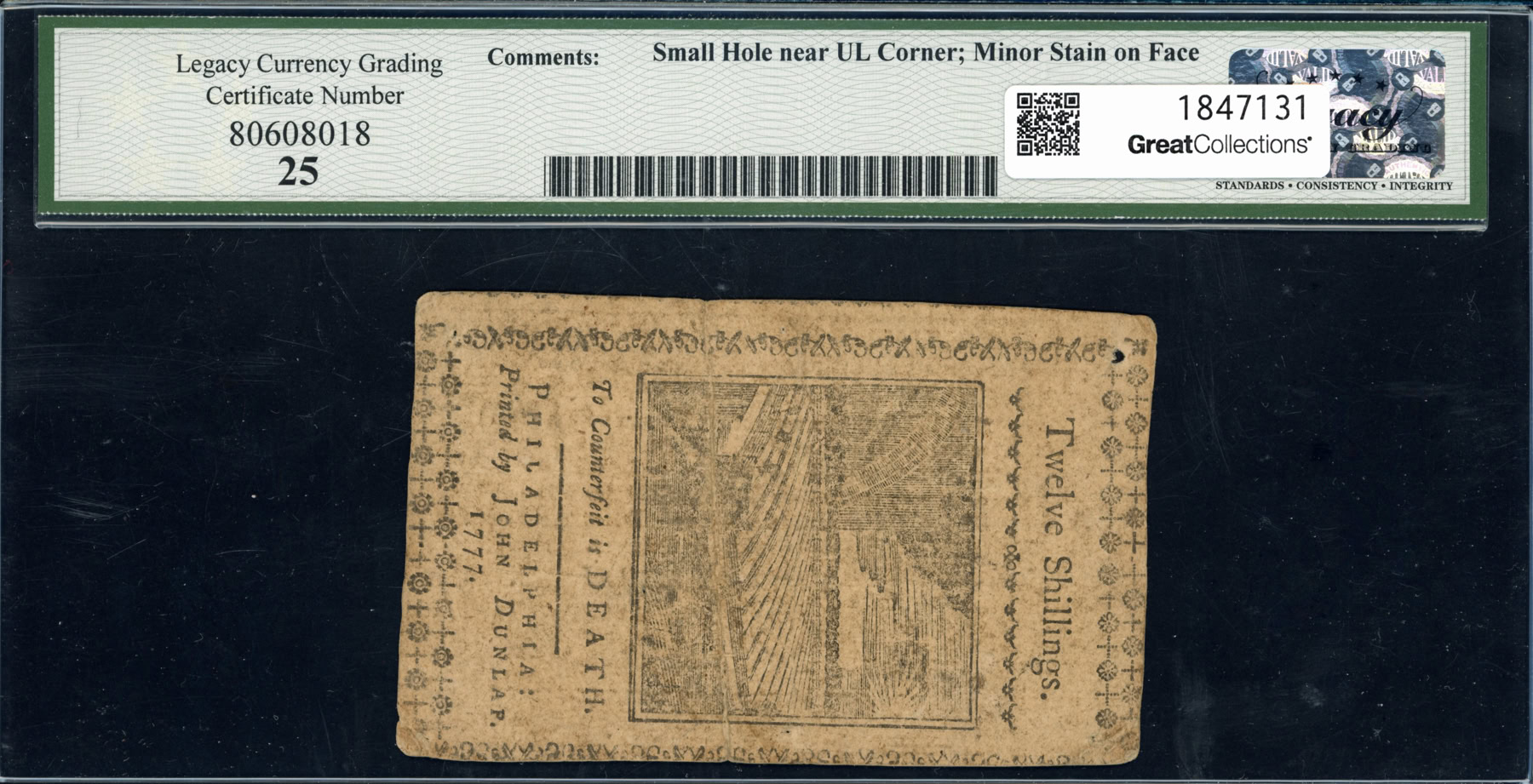 Fr. PA-220a April 10, 1777 12 Shillings Pennsylvania Colonial Note ...