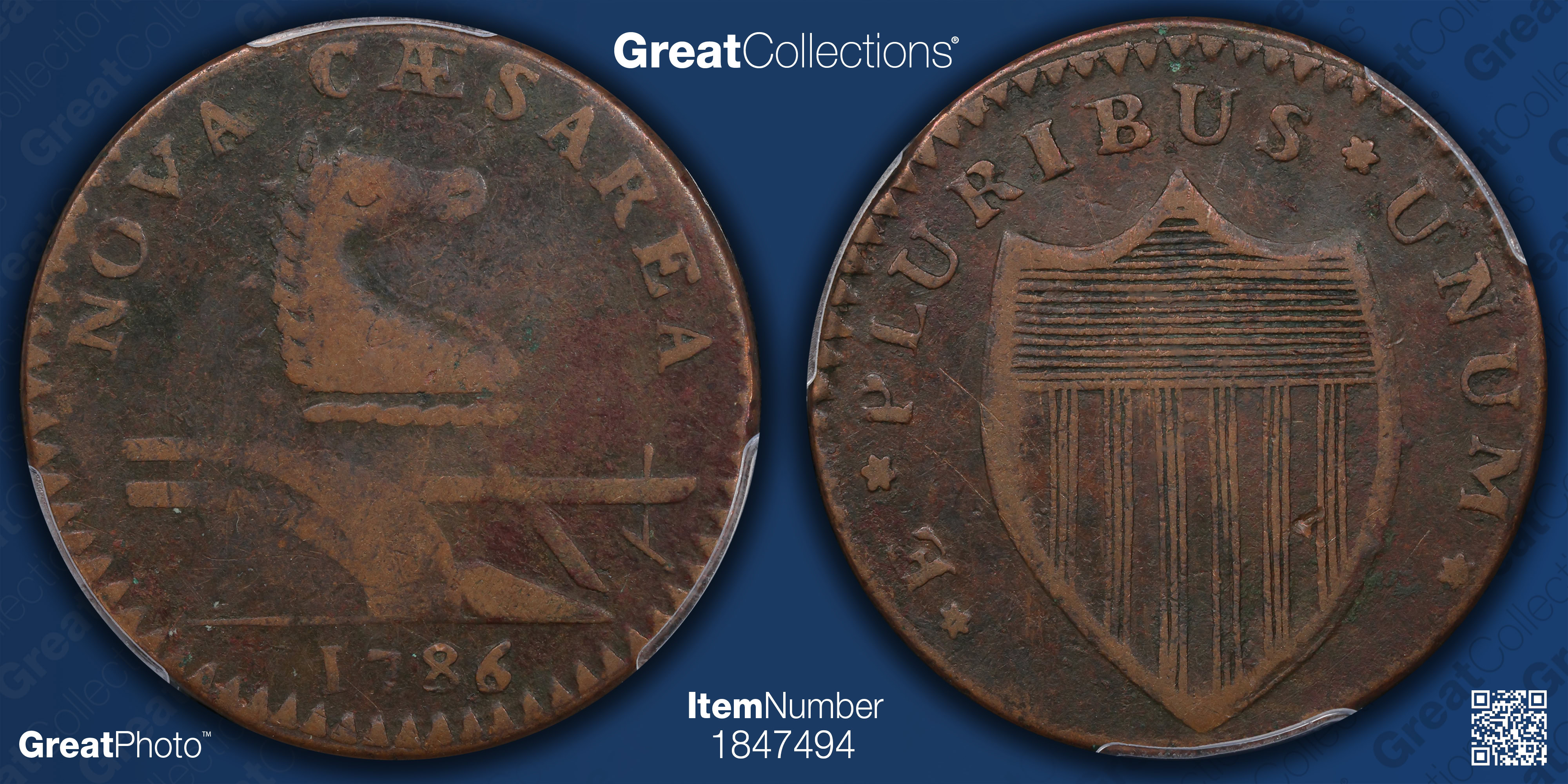 1786 New Jersey Copper Narrow Shield, Straight Plow Beam PCGS VF-20 BN  (Item 1847494) | GreatCollections Coin Auctions