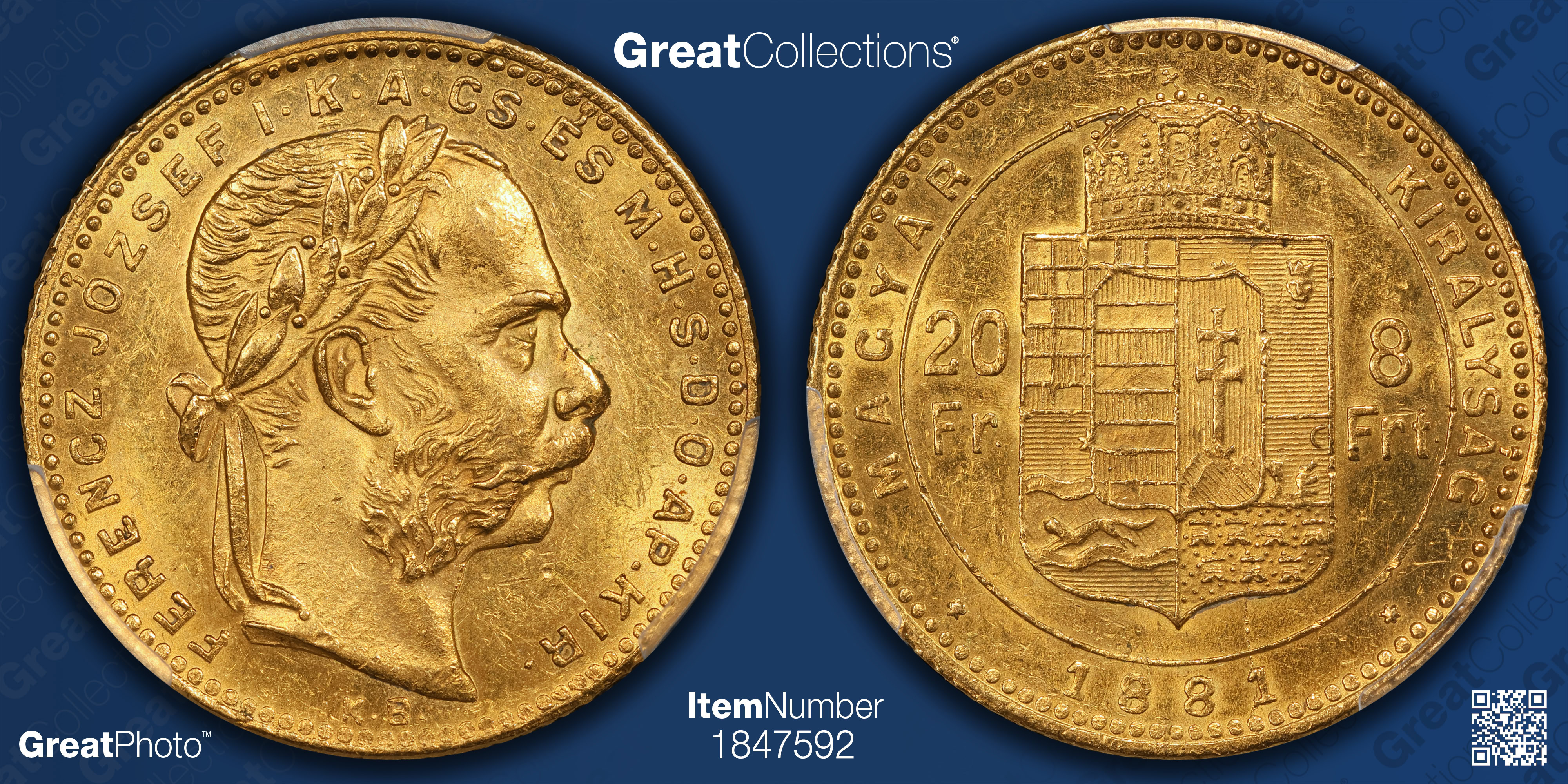Hungary 1881-KB Gold 20 Francs (8 Forint) KM-467 PCGS MS-61 (AGW