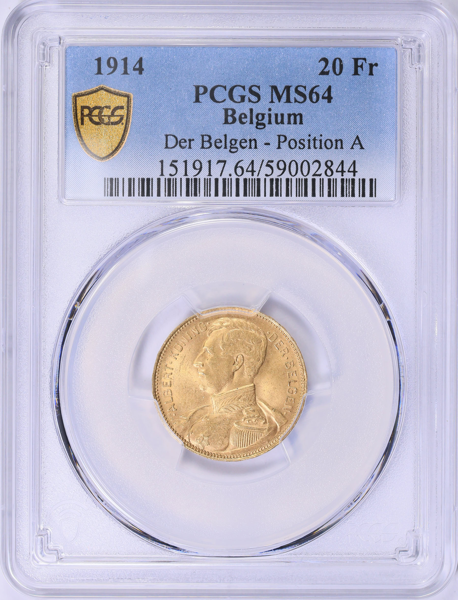 Belgium 1914 Gold 20 Francs DER BELGEN Position A KM-79 PCGS MS-64