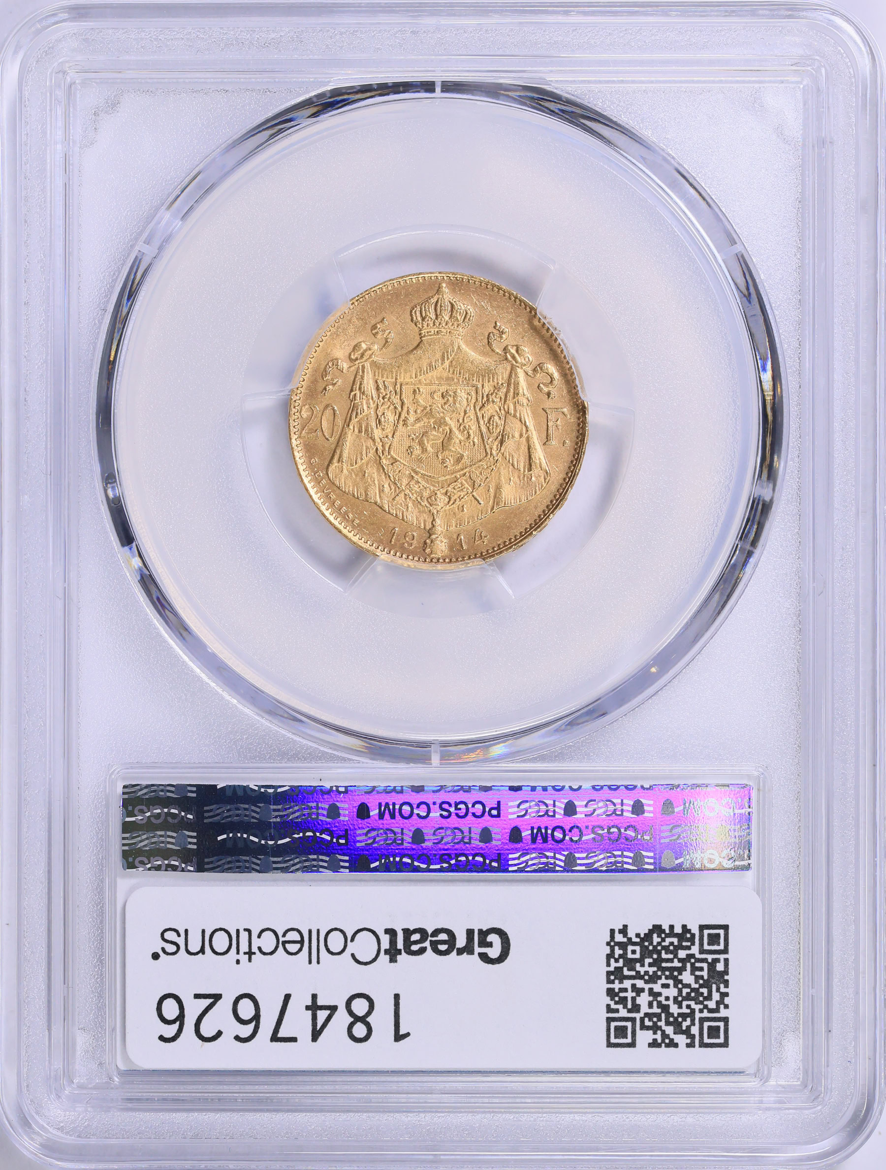 Belgium 1914 Gold 20 Francs DER BELGEN Position A KM-79 PCGS MS-64