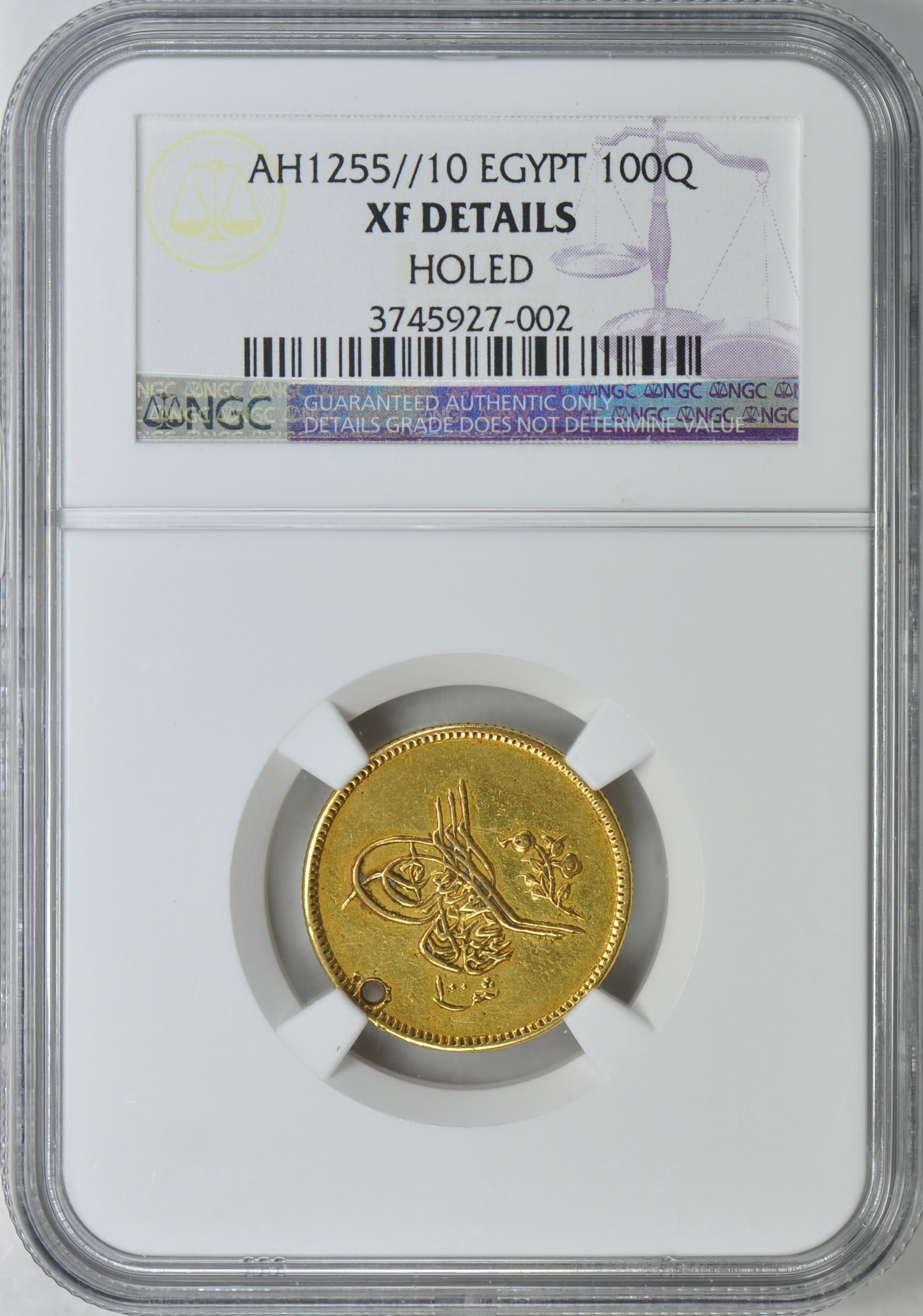 Egypt AH1255//10 Gold 100 Qirsh NGC XF Details (AGW = 0.2403 oz.) NGC