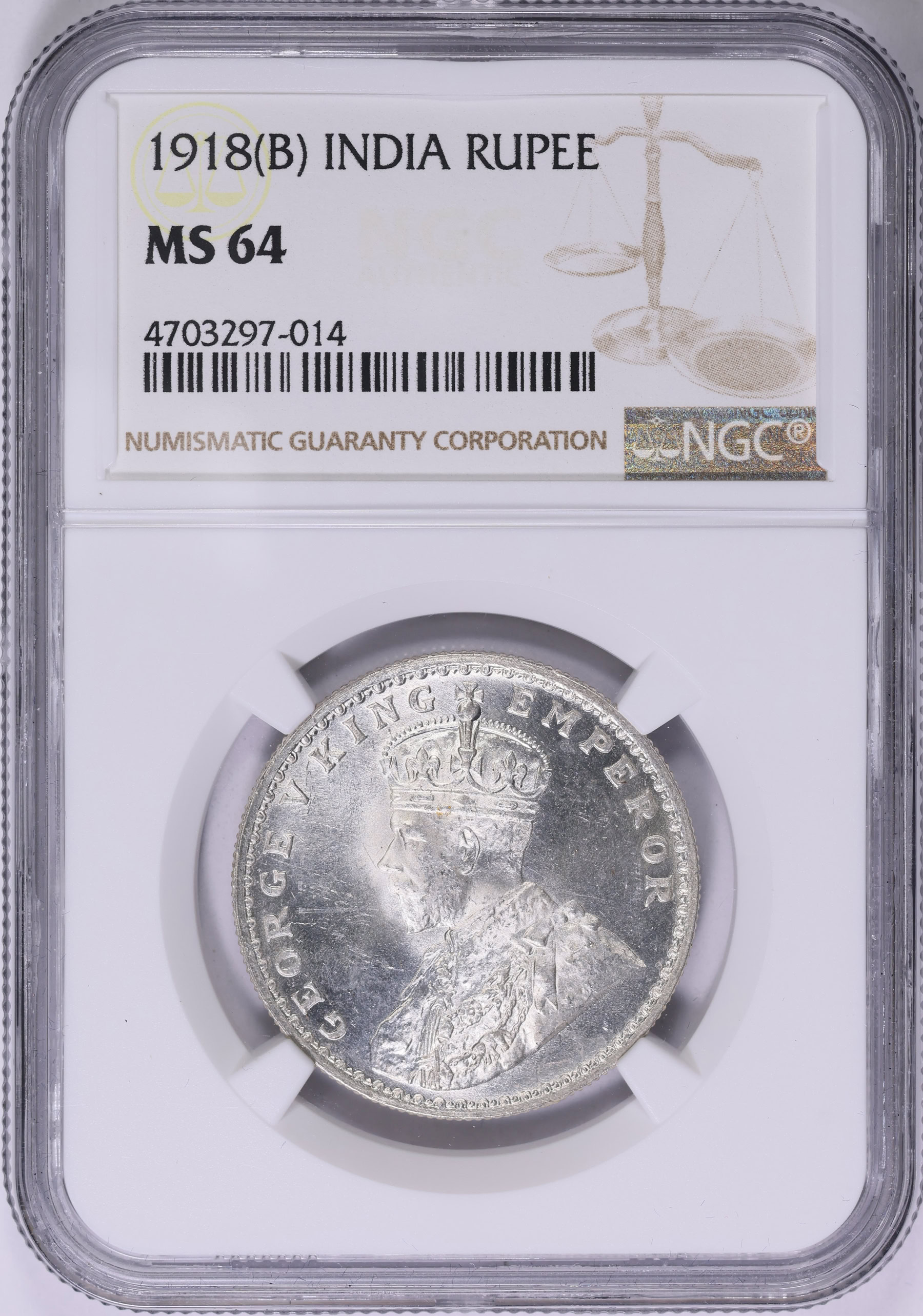 India - India British 1918-(B) Silver Rupee KM-524 NGC MS-64 (Item