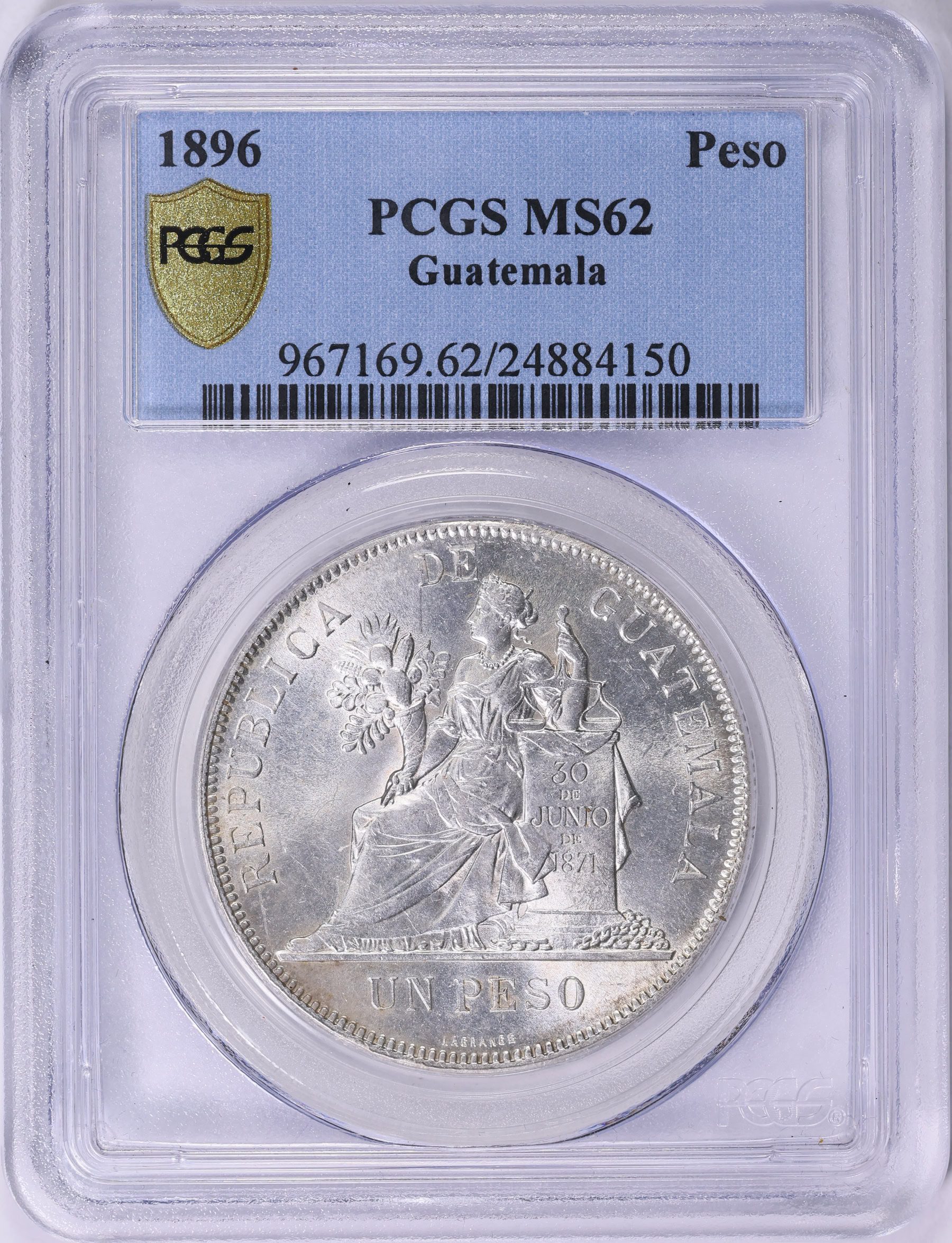 Guatemala 1896 Silver Peso KM-210 PCGS MS-62 | PCGS Cert #24884150