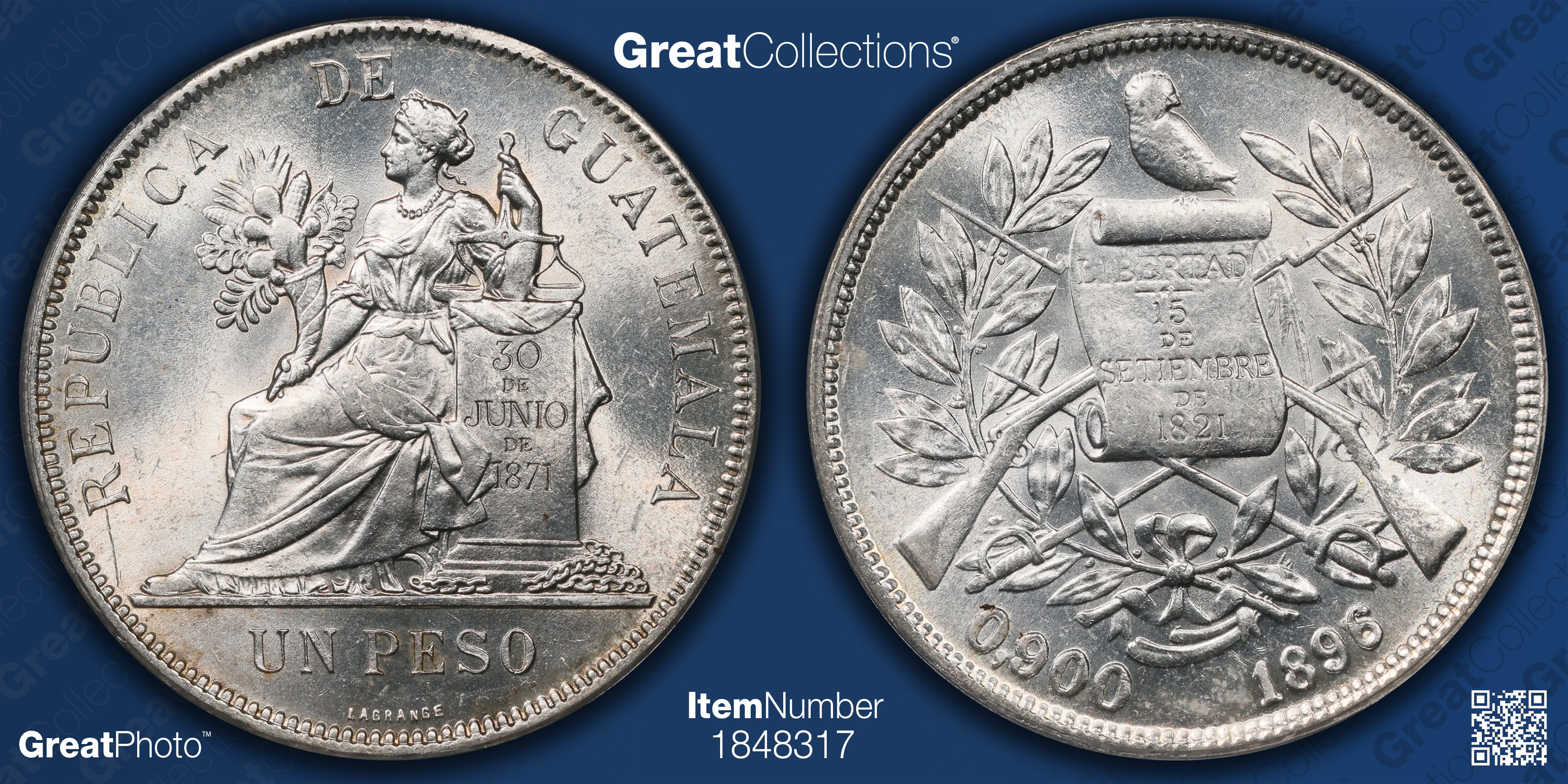 Guatemala 1896 Silver Peso KM-210 PCGS MS-62 | PCGS Cert #24884150