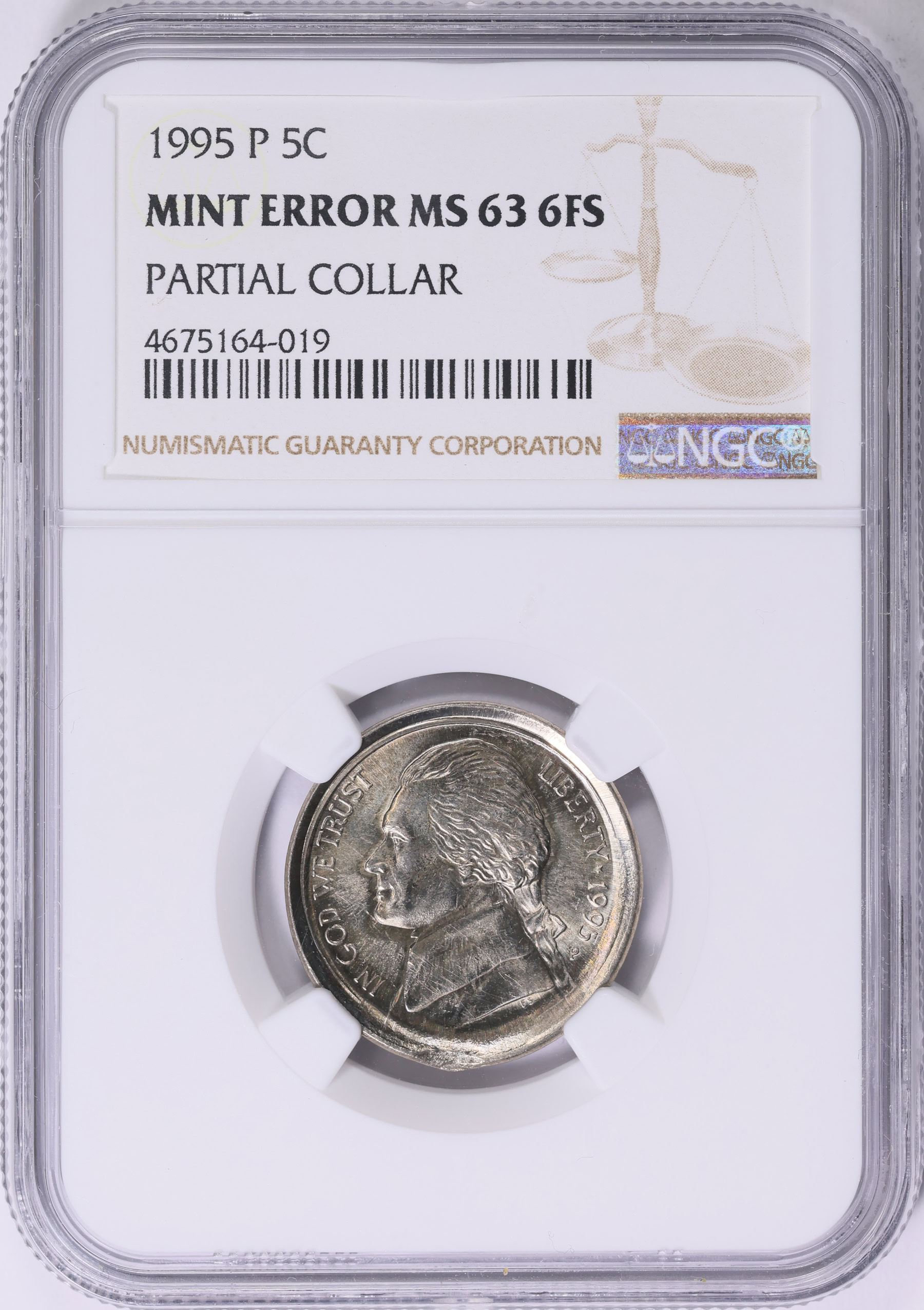 Mint Error 1995-P Jefferson Nickel Partial Collar NGC MS-63 6FS