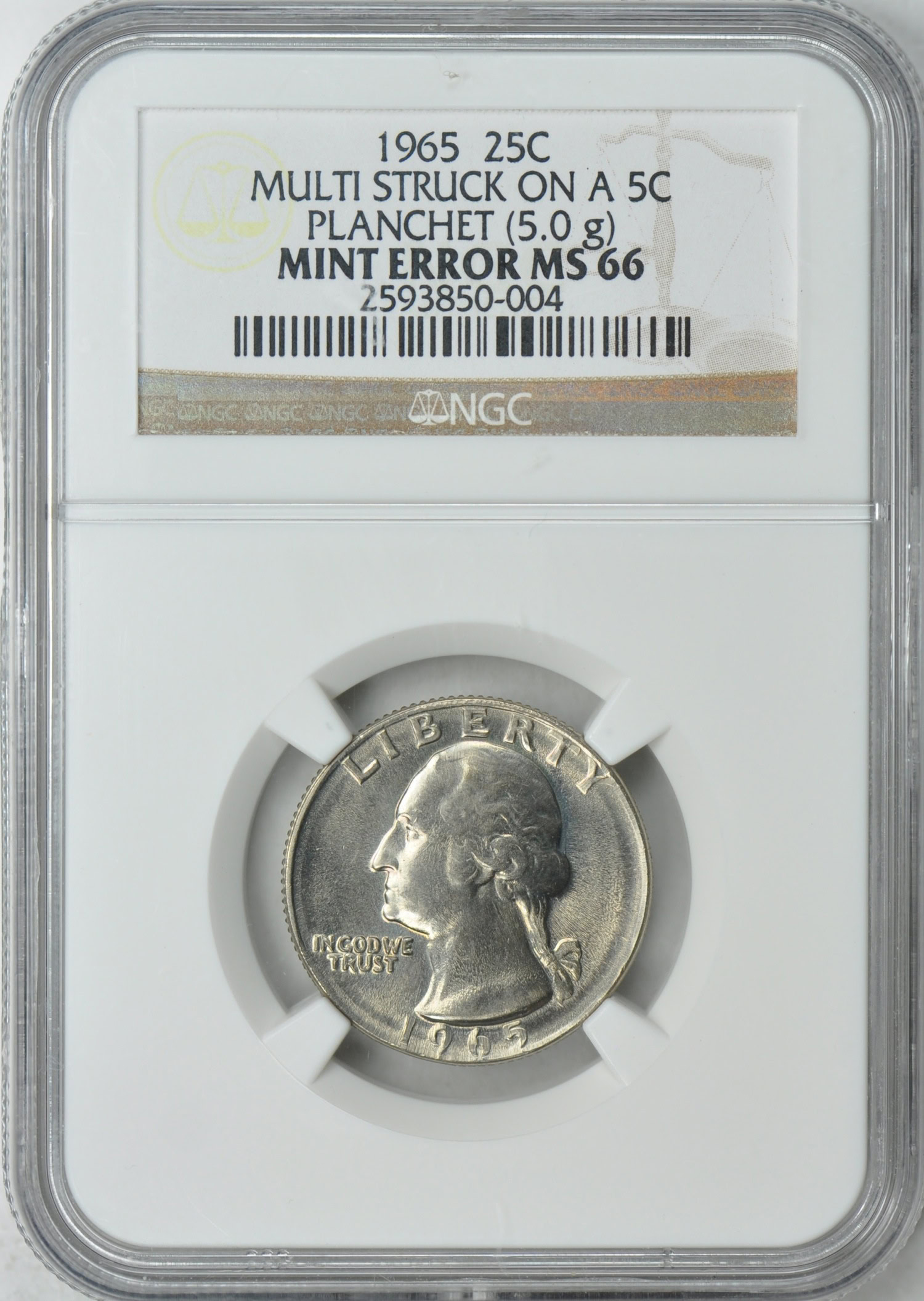 Mint Error 1965 Washington Quarter Multi Struck on a 5c Planchet