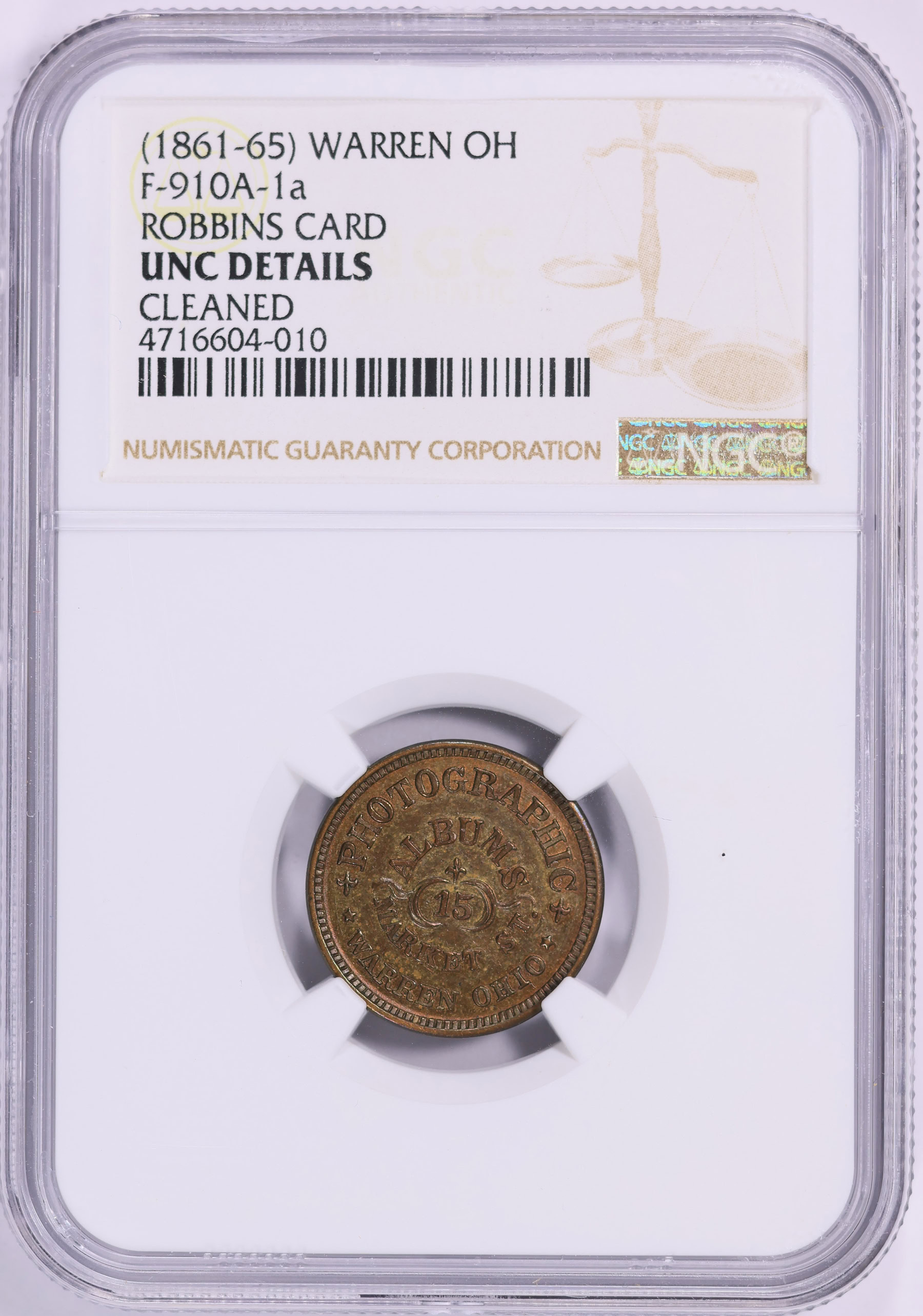 ND (1861-65) Warren, Ohio Robbins' Card Civil War Token F-910A-1a